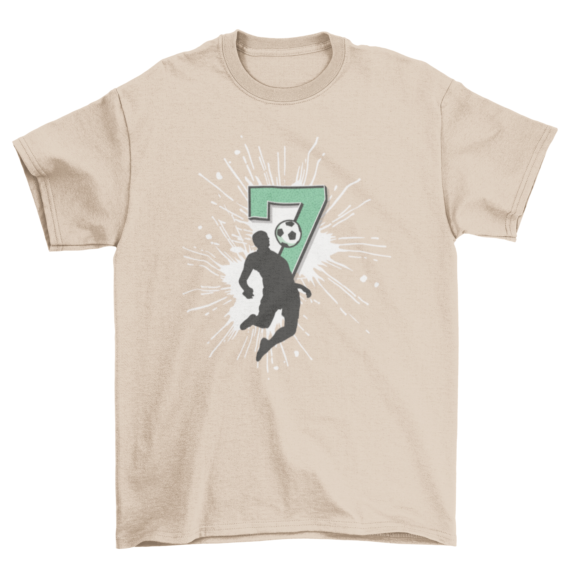 Soccer 7th Birthday T-Shirt featuring a soccer player and a large number 7 with a paint splash design.