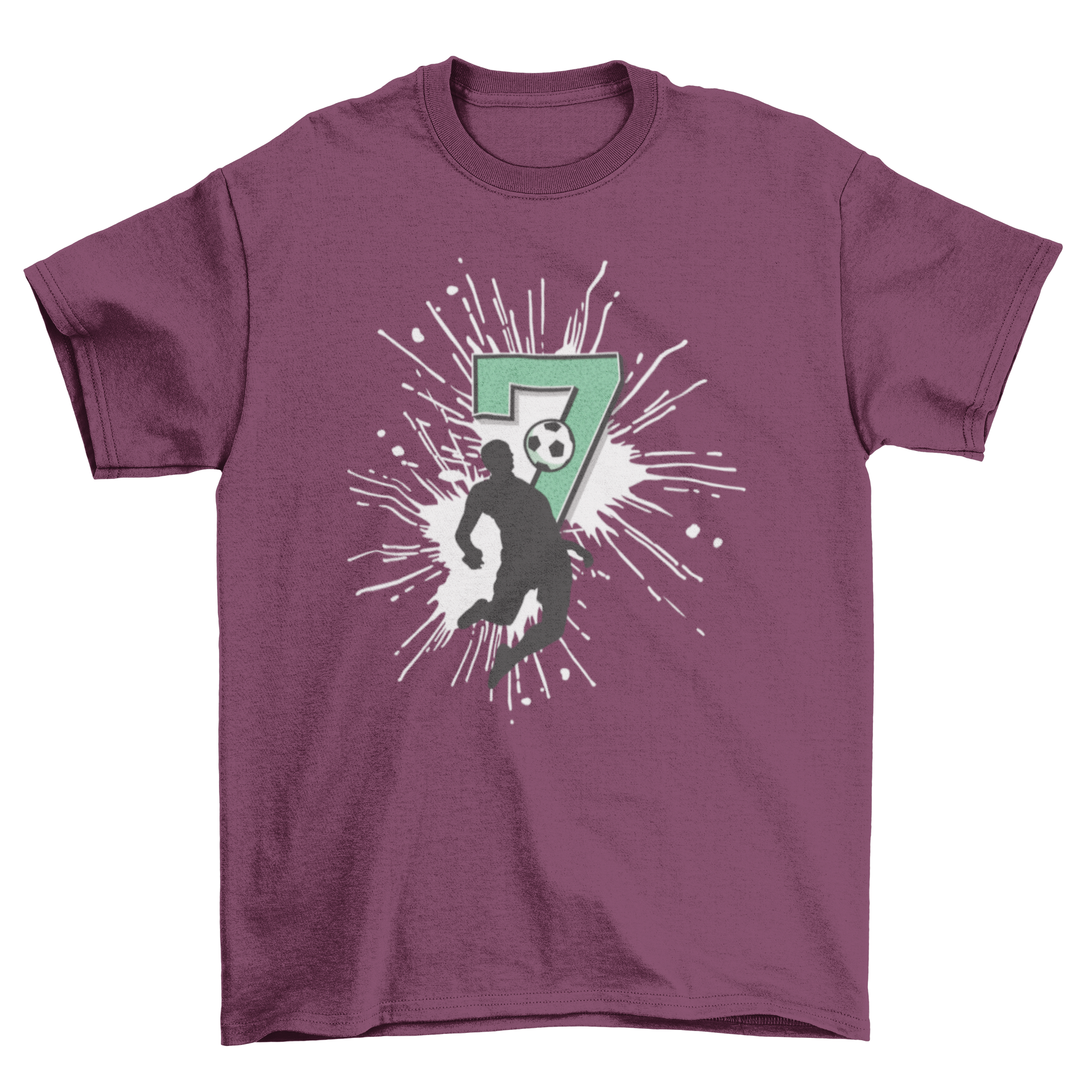 Soccer 7th Birthday T-Shirt featuring a soccer player and a large number 7 with a paint splash design.