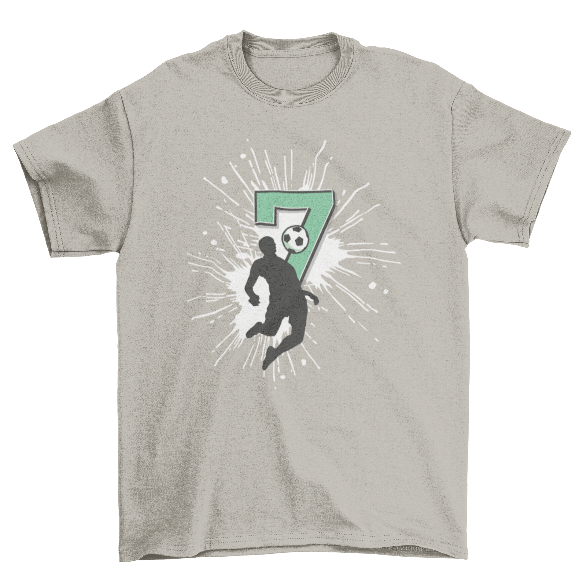 Soccer 7th Birthday T-Shirt featuring a soccer player and a large number 7 with a paint splash design.