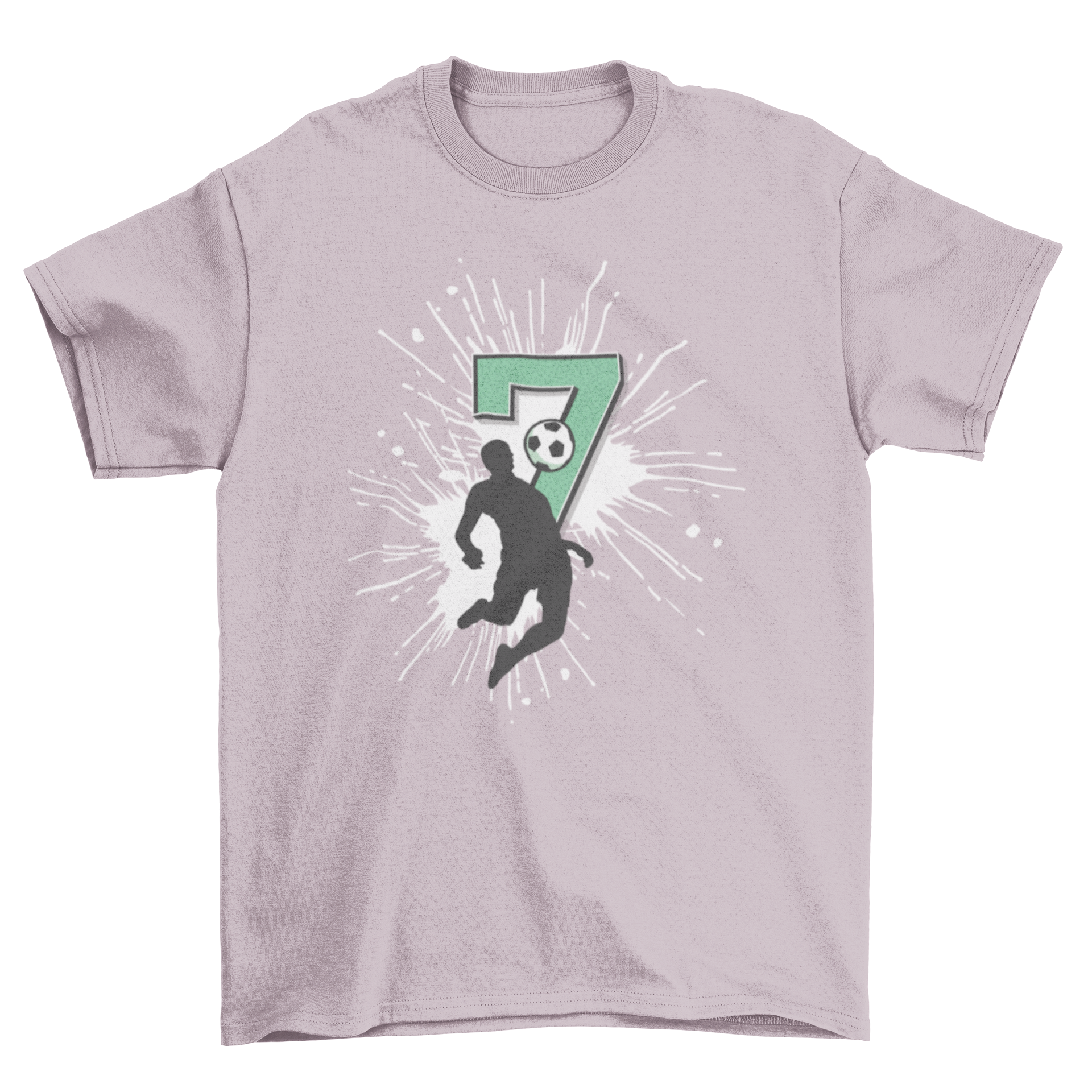 Soccer 7th Birthday T-Shirt featuring a soccer player and a large number 7 with a paint splash design.