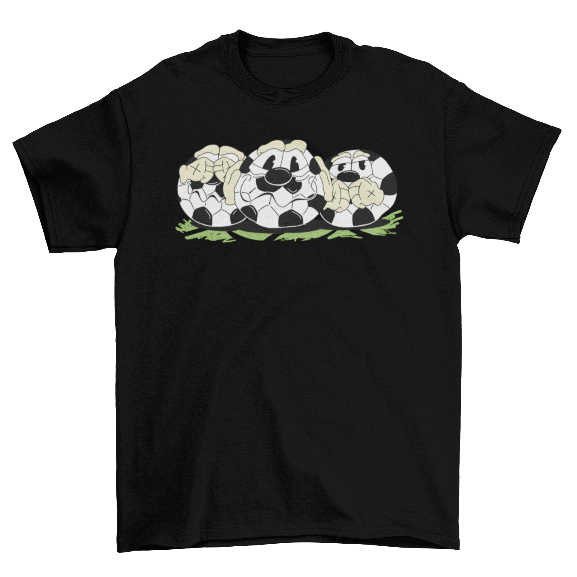 A playful t-shirt featuring three cartoon soccer balls covering their eyes, ears, and mouth, showcasing a fun design.