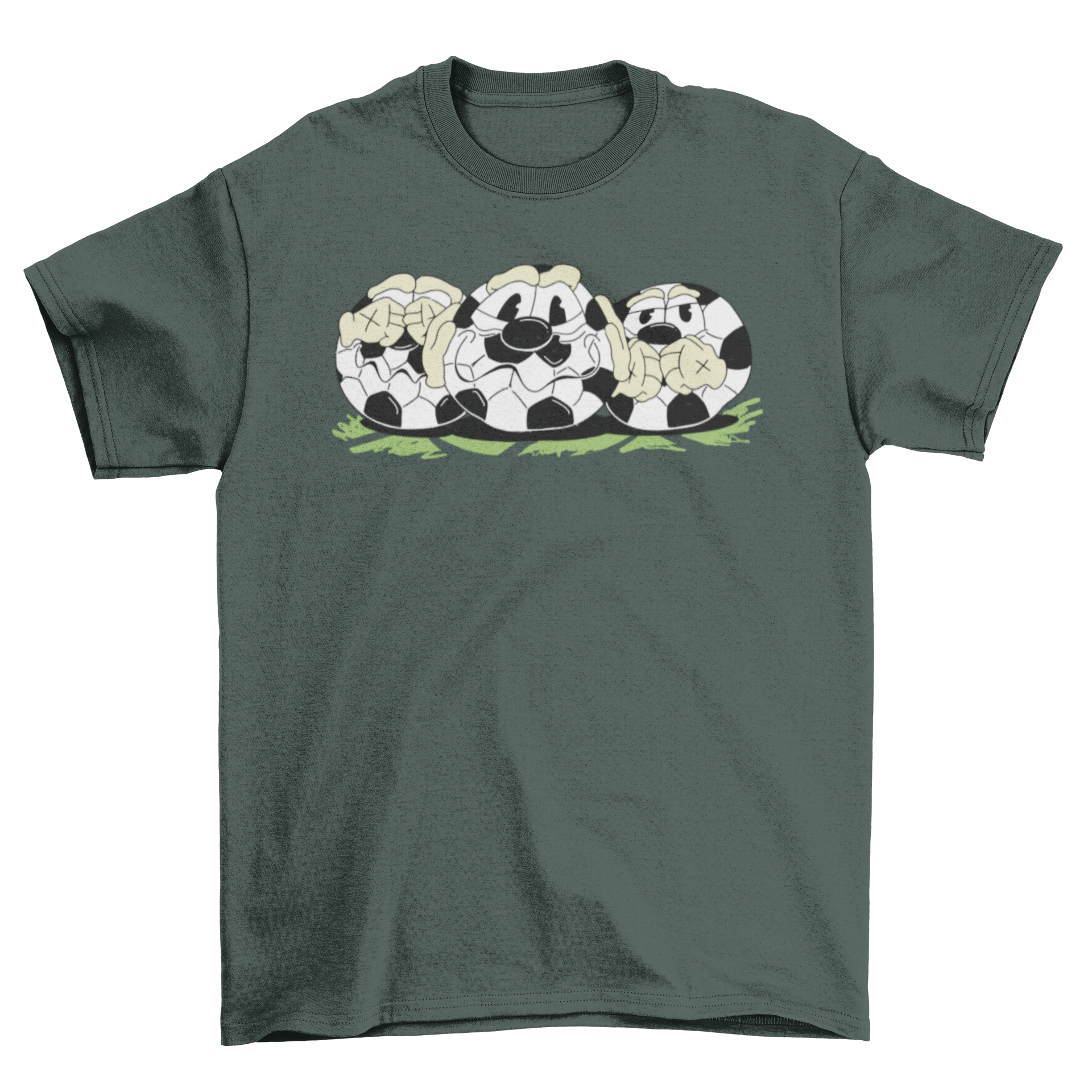 A playful t-shirt featuring three cartoon soccer balls covering their eyes, ears, and mouth, showcasing a fun design.