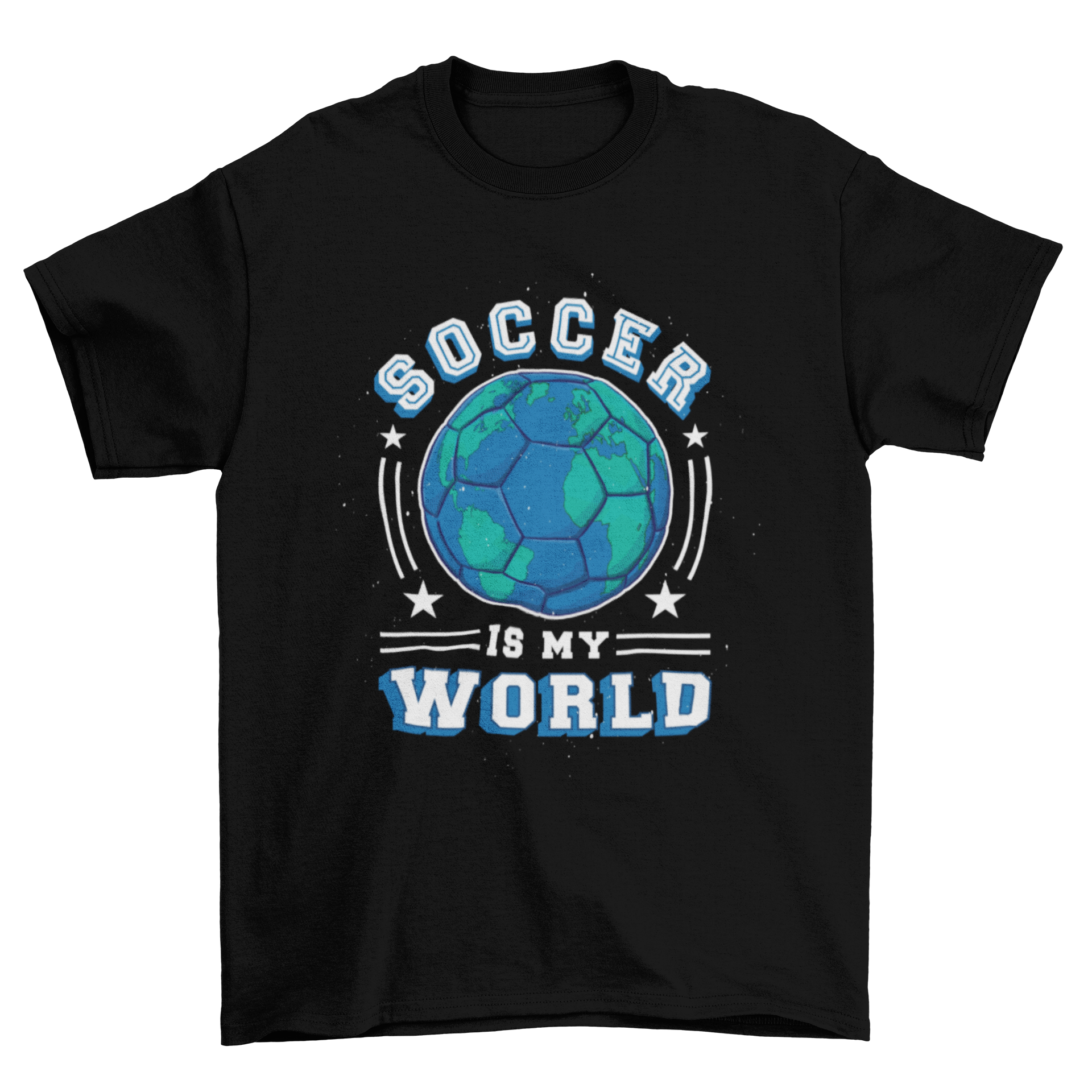 A stylish t-shirt featuring a football-shaped earth design with the quote 'Soccer is my world', perfect for soccer fans.