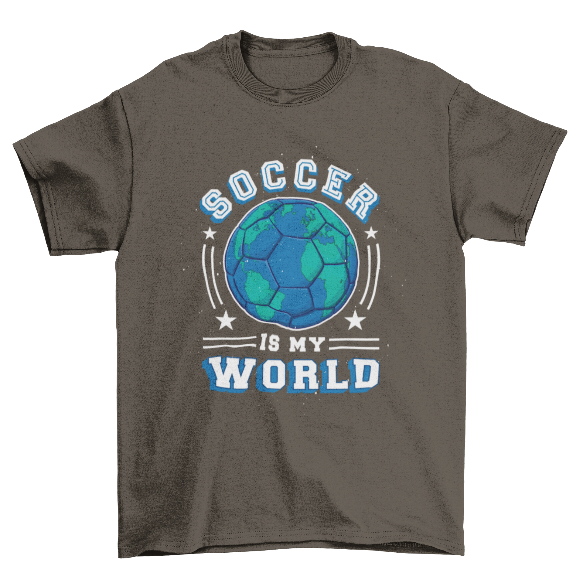 A stylish t-shirt featuring a football-shaped earth design with the quote 'Soccer is my world', perfect for soccer fans.