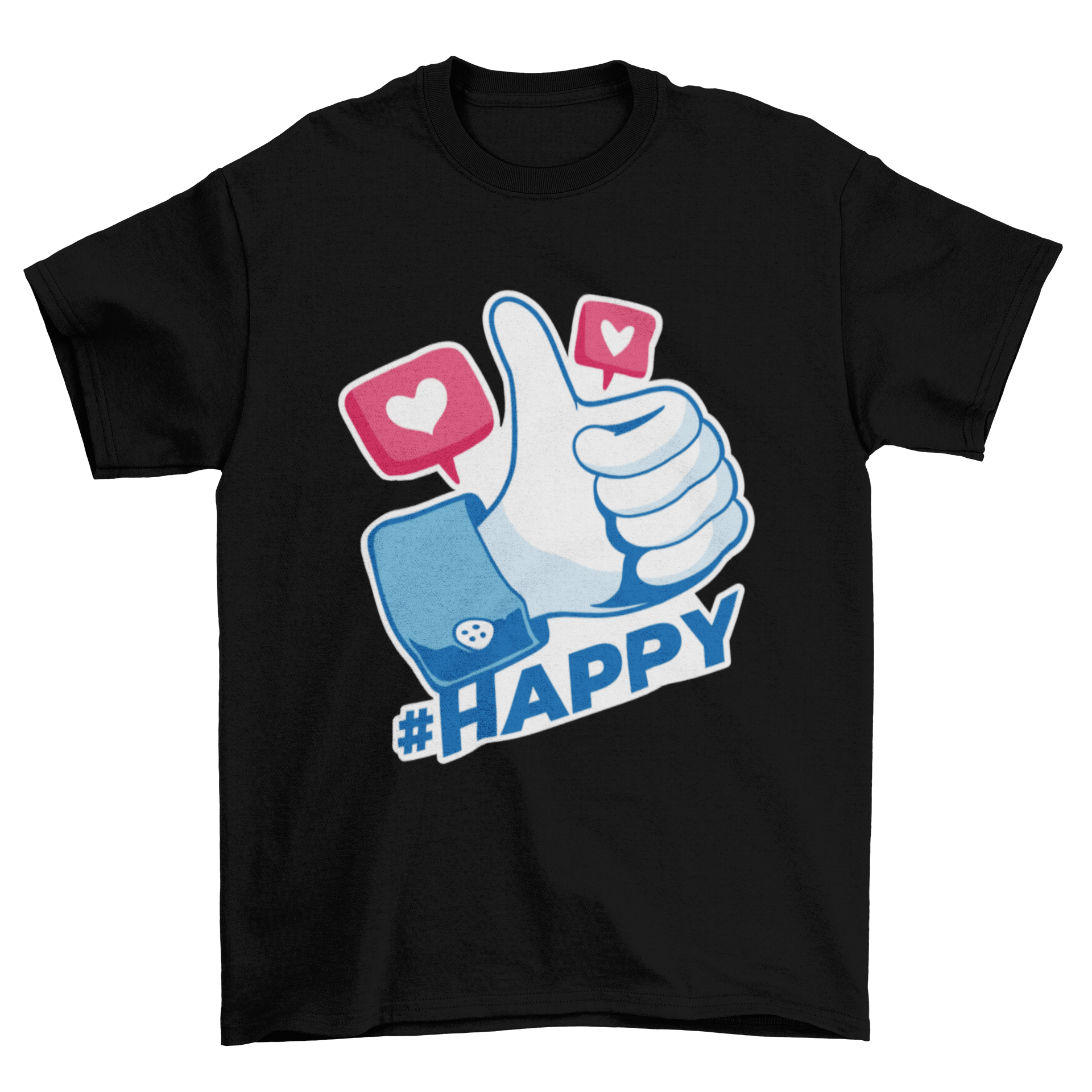 A stylish Social Media Like T-shirt featuring a thumbs up icon and the hashtag #HAPPY, perfect for casual wear.