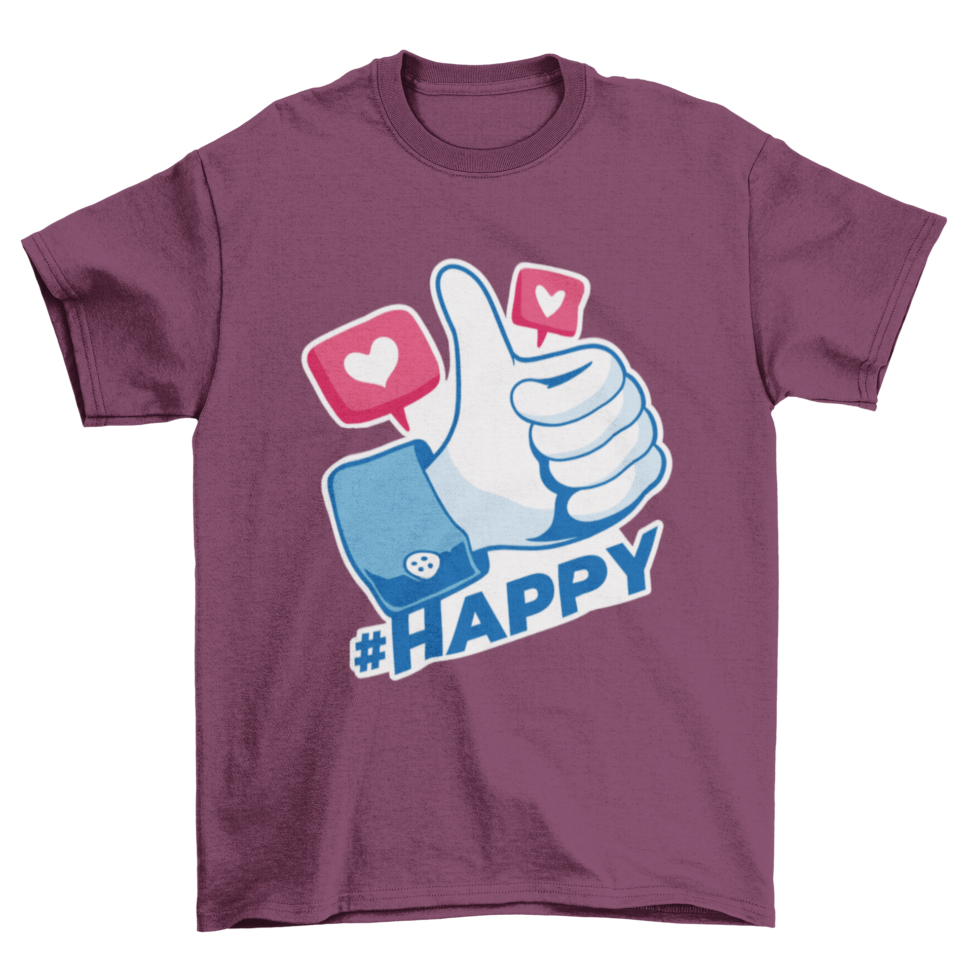 A stylish Social Media Like T-shirt featuring a thumbs up icon and the hashtag #HAPPY, perfect for casual wear.