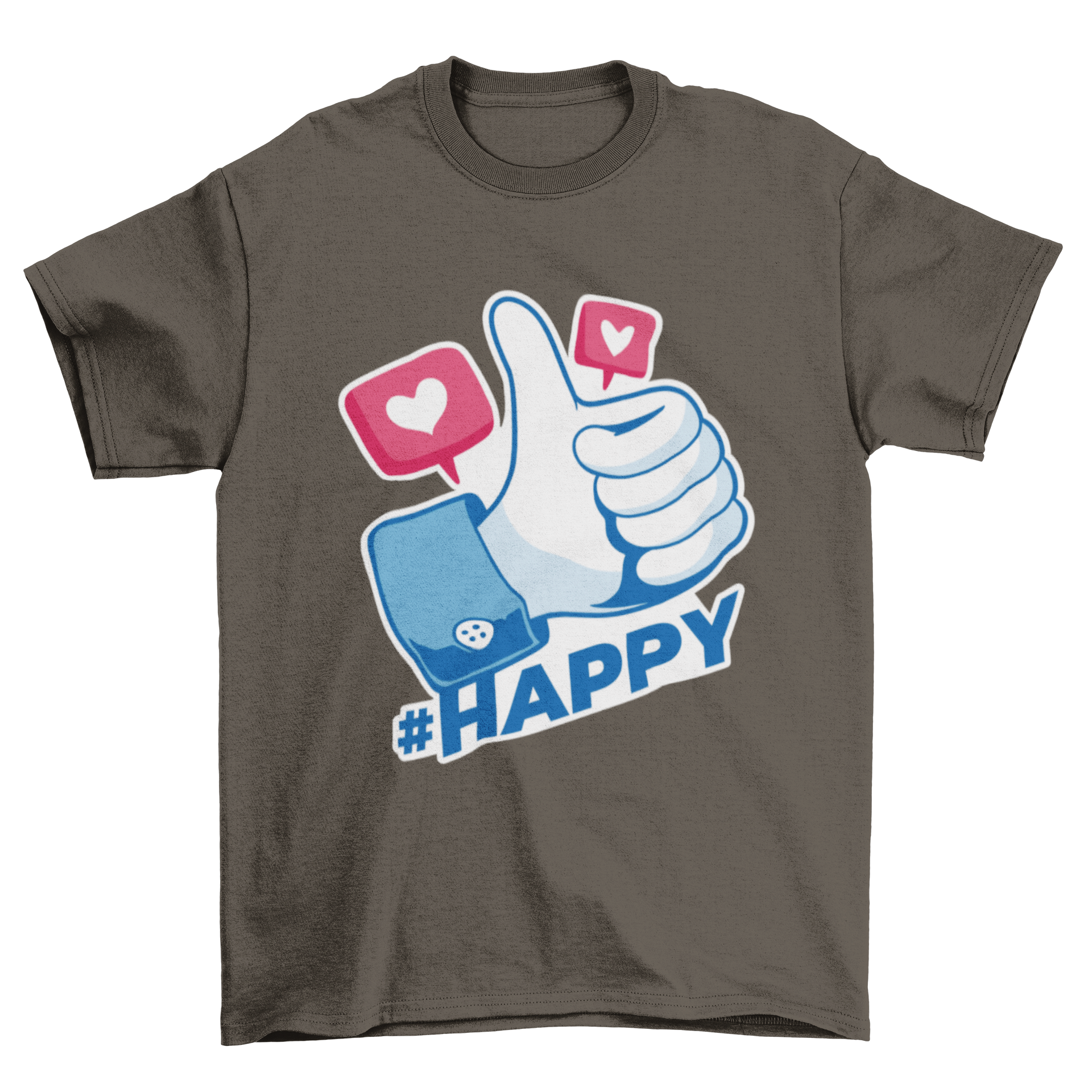 A stylish Social Media Like T-shirt featuring a thumbs up icon and the hashtag #HAPPY, perfect for casual wear.