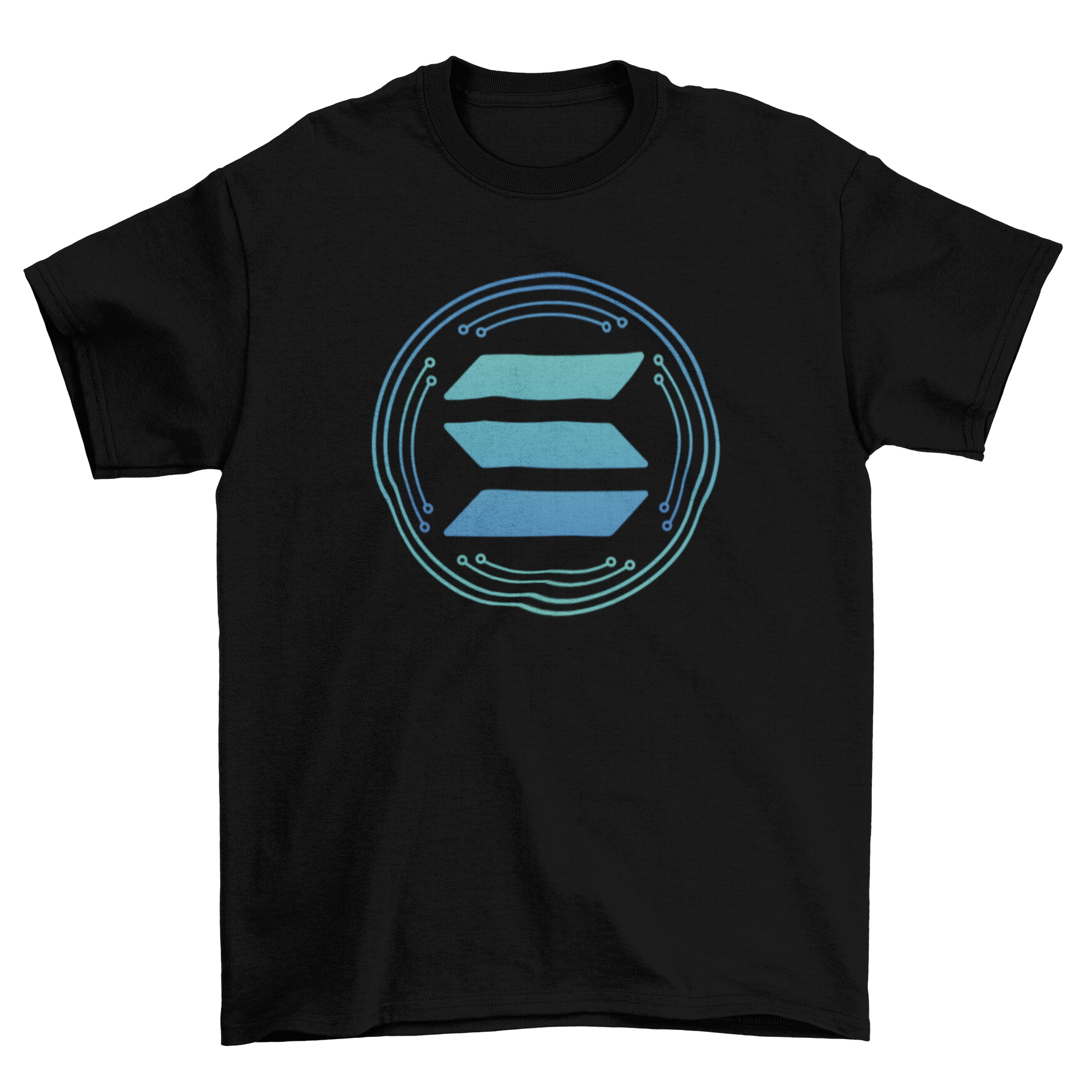 Stylish t-shirt featuring the Solana cryptocurrency symbol in vibrant colors.