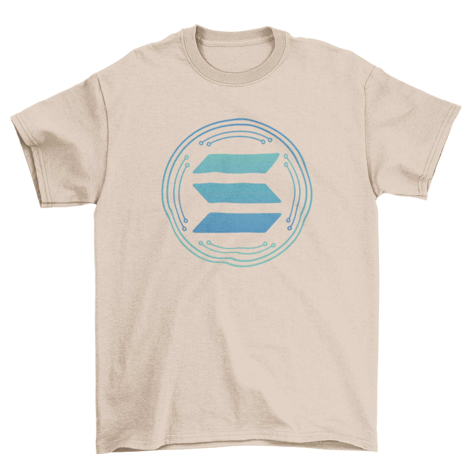 Stylish t-shirt featuring the Solana cryptocurrency symbol in vibrant colors.