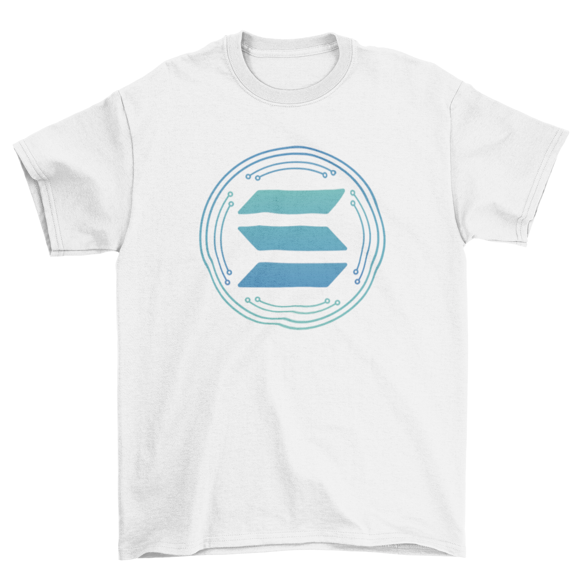 Stylish t-shirt featuring the Solana cryptocurrency symbol in vibrant colors.