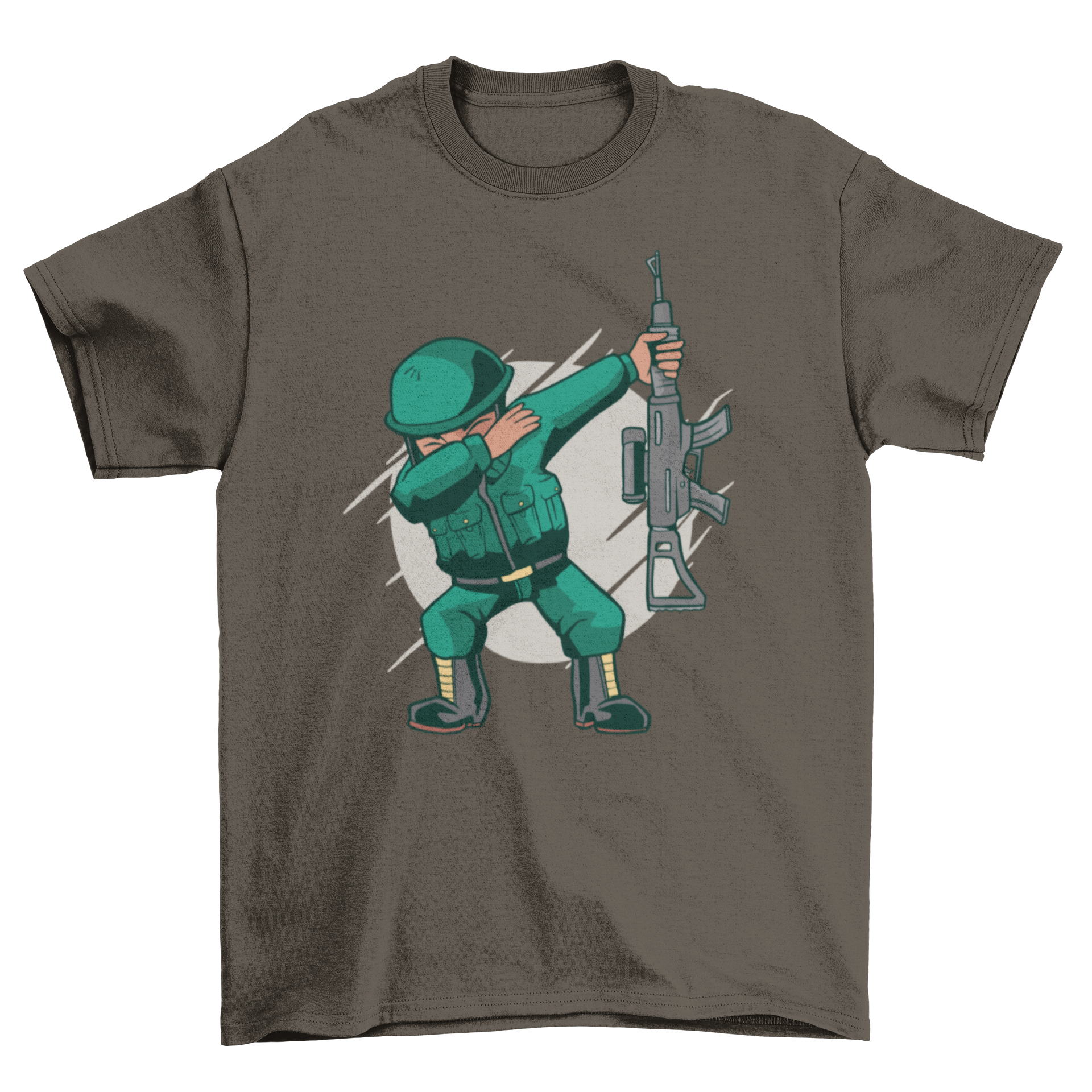 A humorous t-shirt featuring a soldier dabbing, showcasing a fun and playful design.