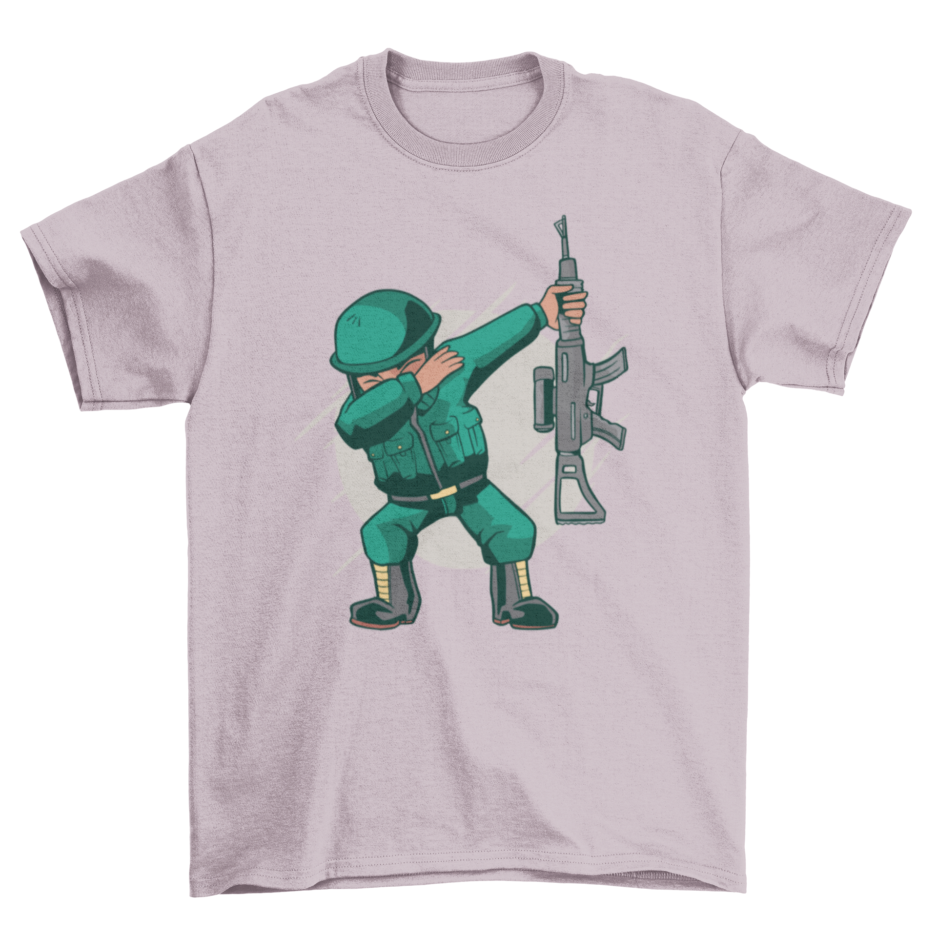 A humorous t-shirt featuring a soldier dabbing, showcasing a fun and playful design.