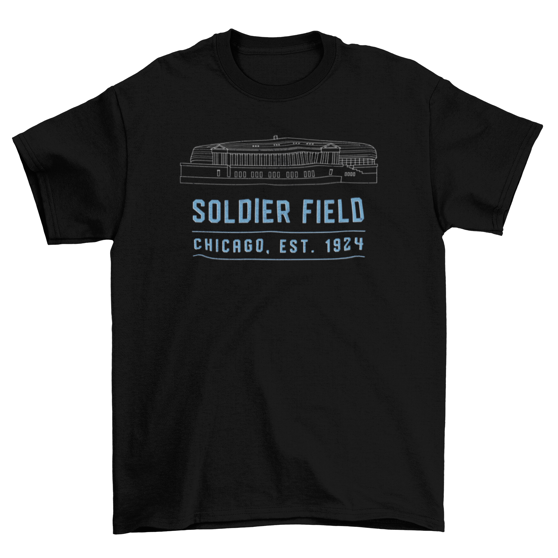 Soldier Field Stadium t-shirt featuring an outline of the stadium and 'Chicago est. 1924' label, perfect for sports fans.