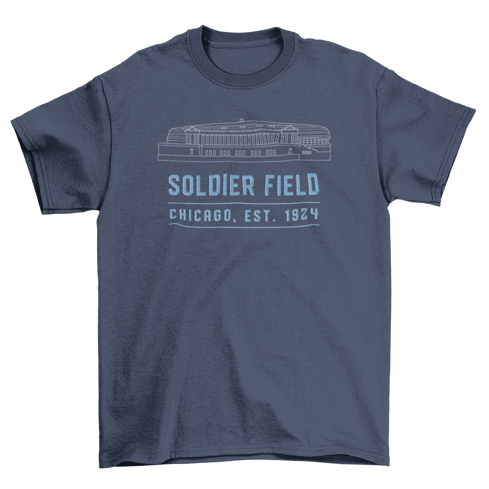 Soldier Field Stadium t-shirt featuring an outline of the stadium and 'Chicago est. 1924' label, perfect for sports fans.