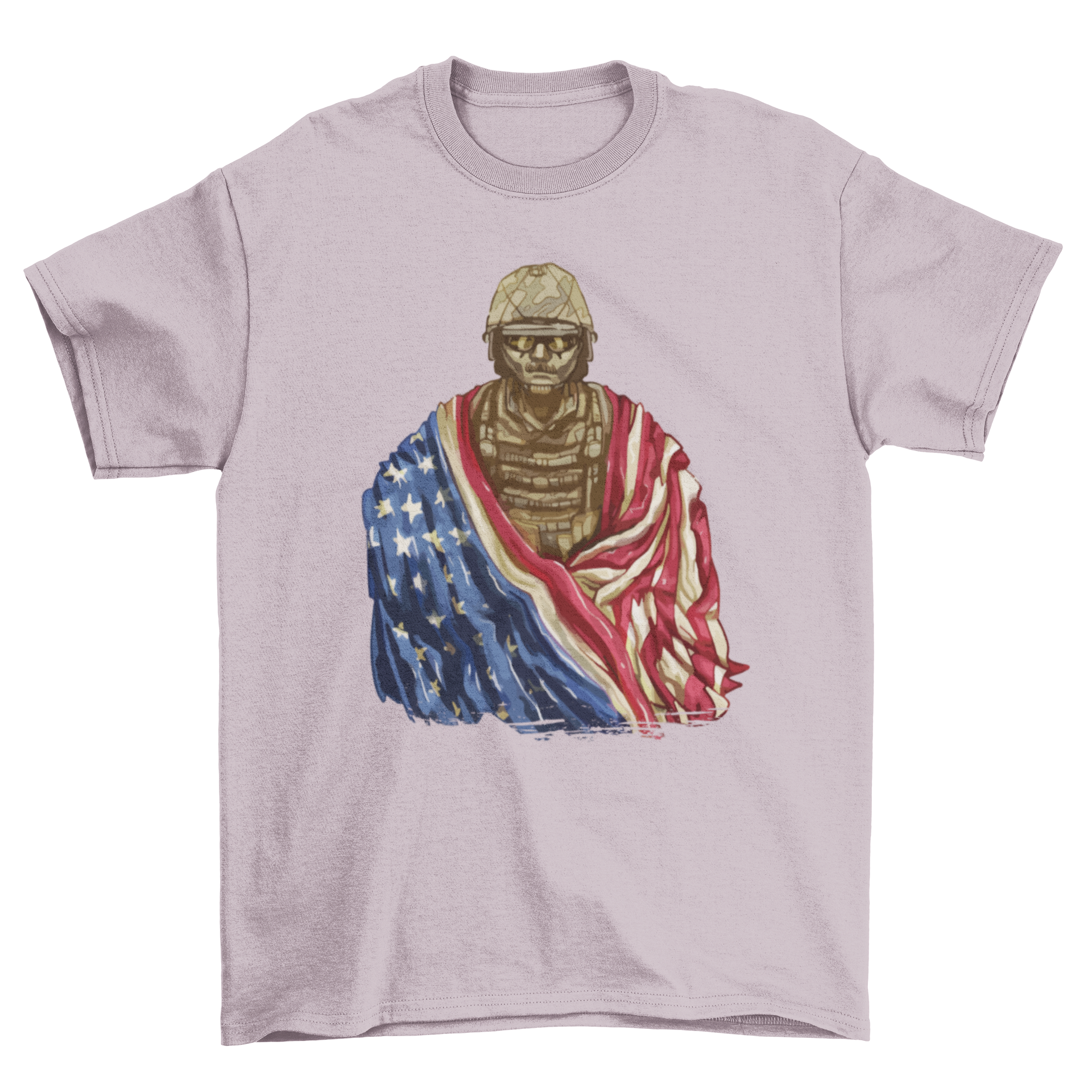 A stylish t-shirt featuring a soldier wrapped in an American flag, symbolizing patriotism and bravery.