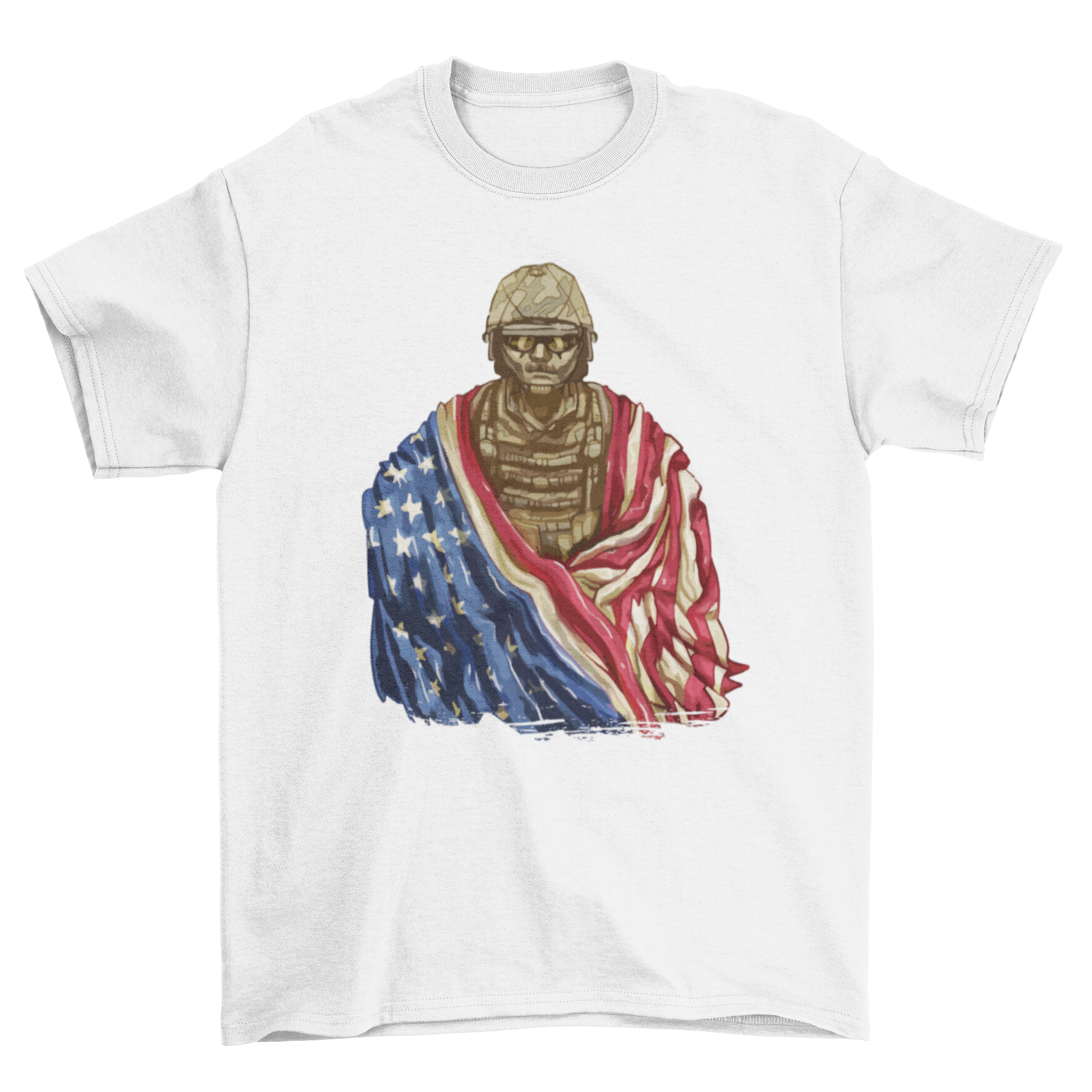 A stylish t-shirt featuring a soldier wrapped in an American flag, symbolizing patriotism and bravery.