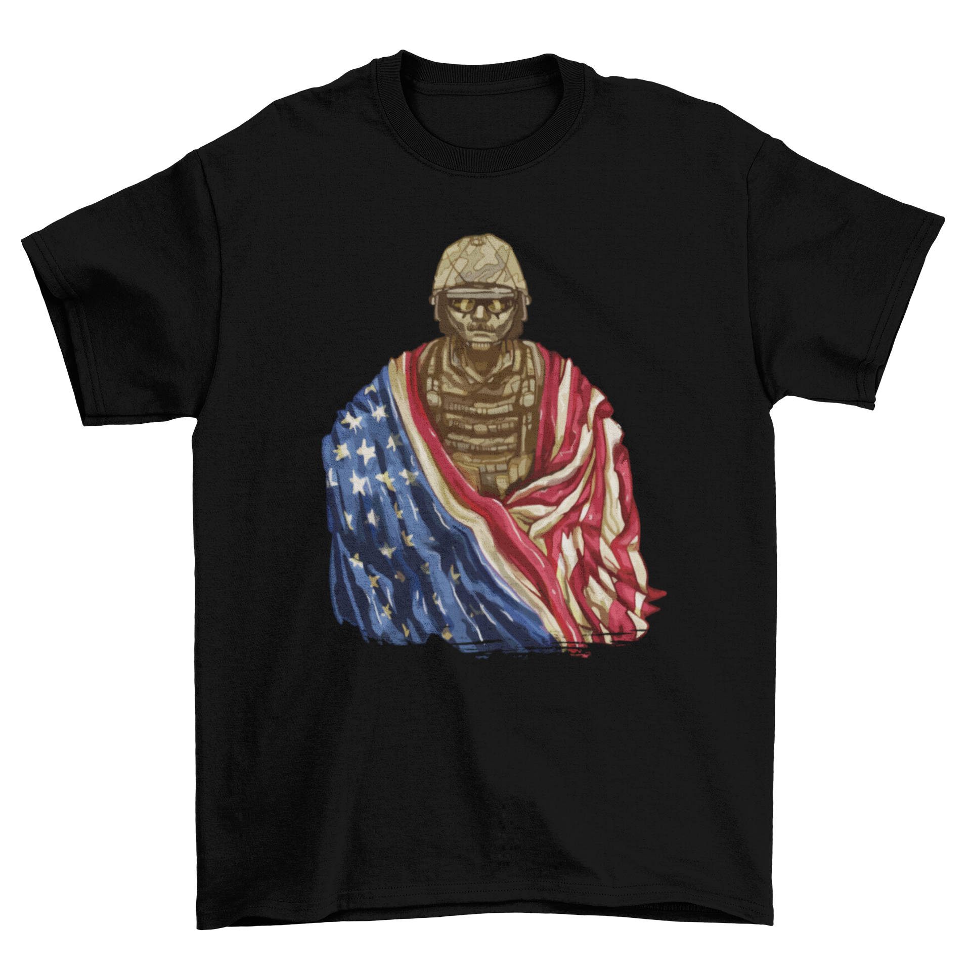 A stylish t-shirt featuring a soldier wrapped in an American flag, symbolizing patriotism and bravery.