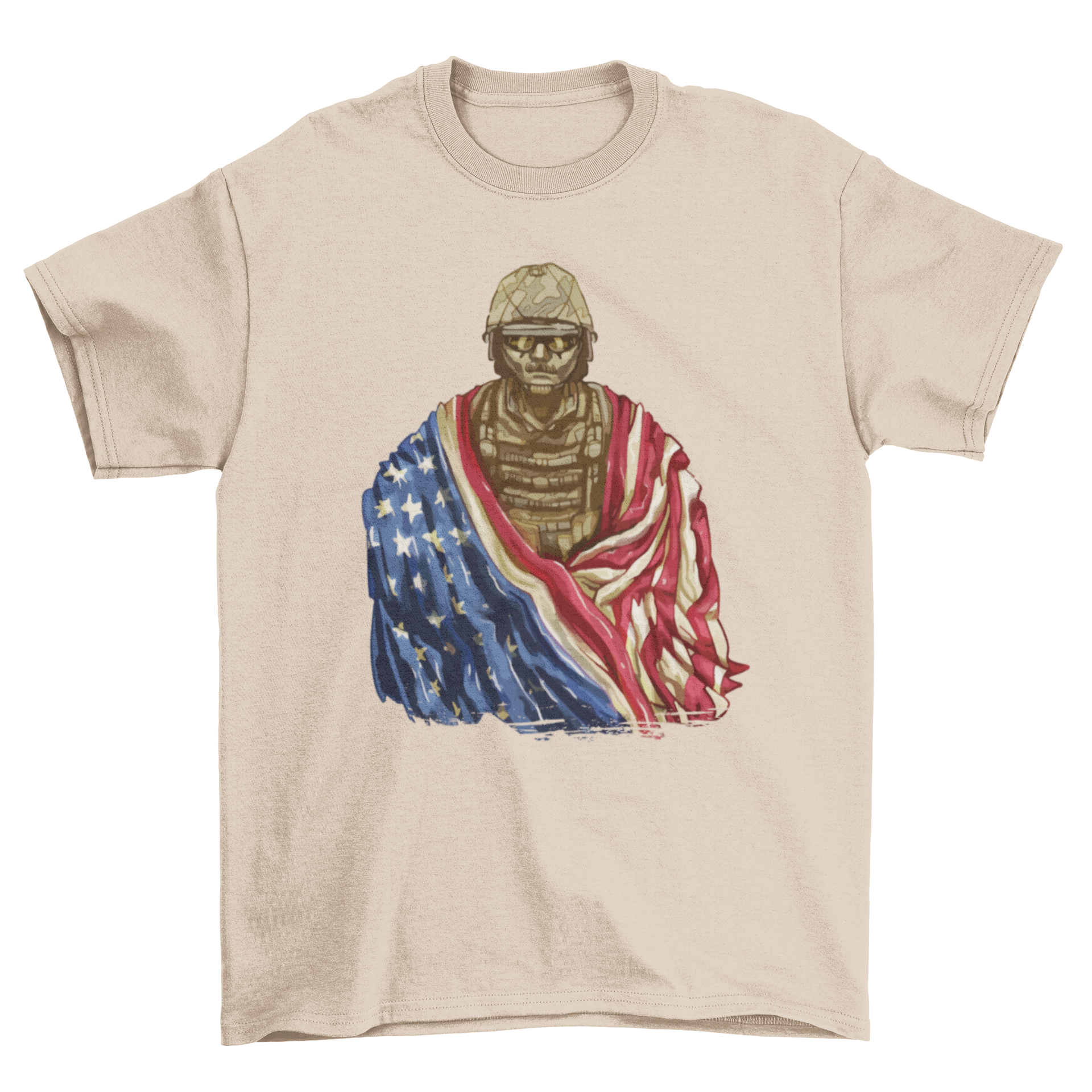 A stylish t-shirt featuring a soldier wrapped in an American flag, symbolizing patriotism and bravery.