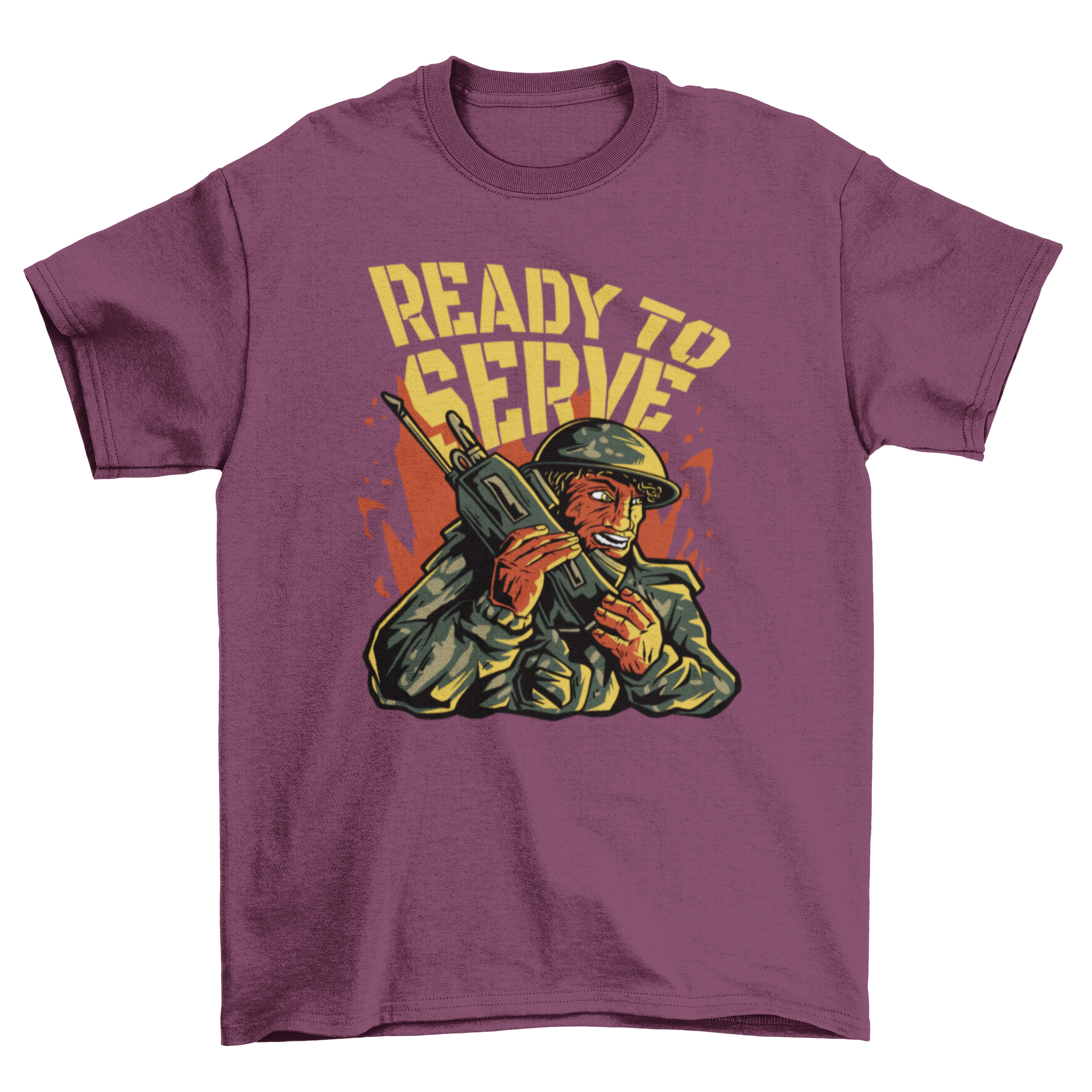 A stylish t-shirt featuring a soldier holding a giant phone with the quote 'Ready to serve', perfect for casual wear.