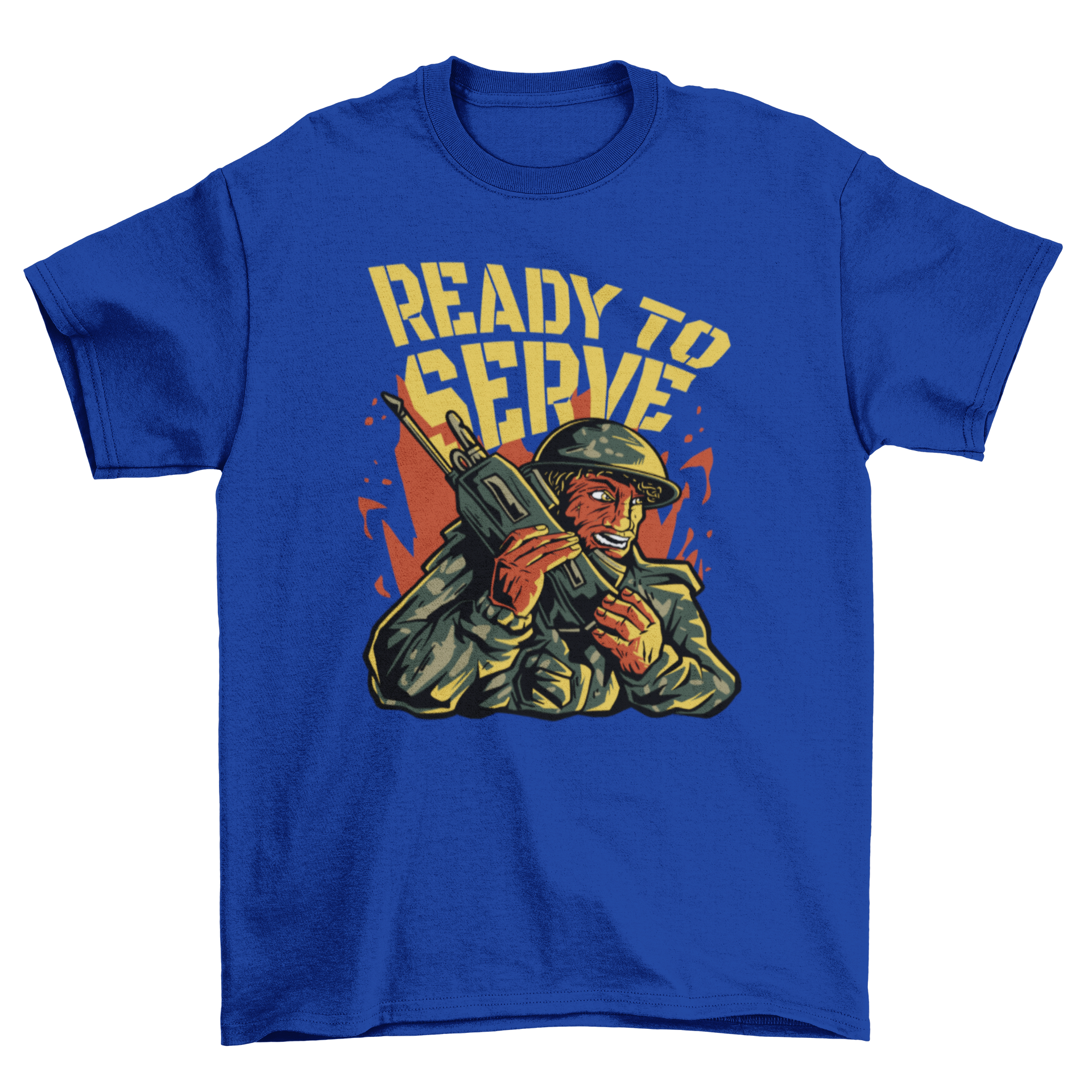 A stylish t-shirt featuring a soldier holding a giant phone with the quote 'Ready to serve', perfect for casual wear.