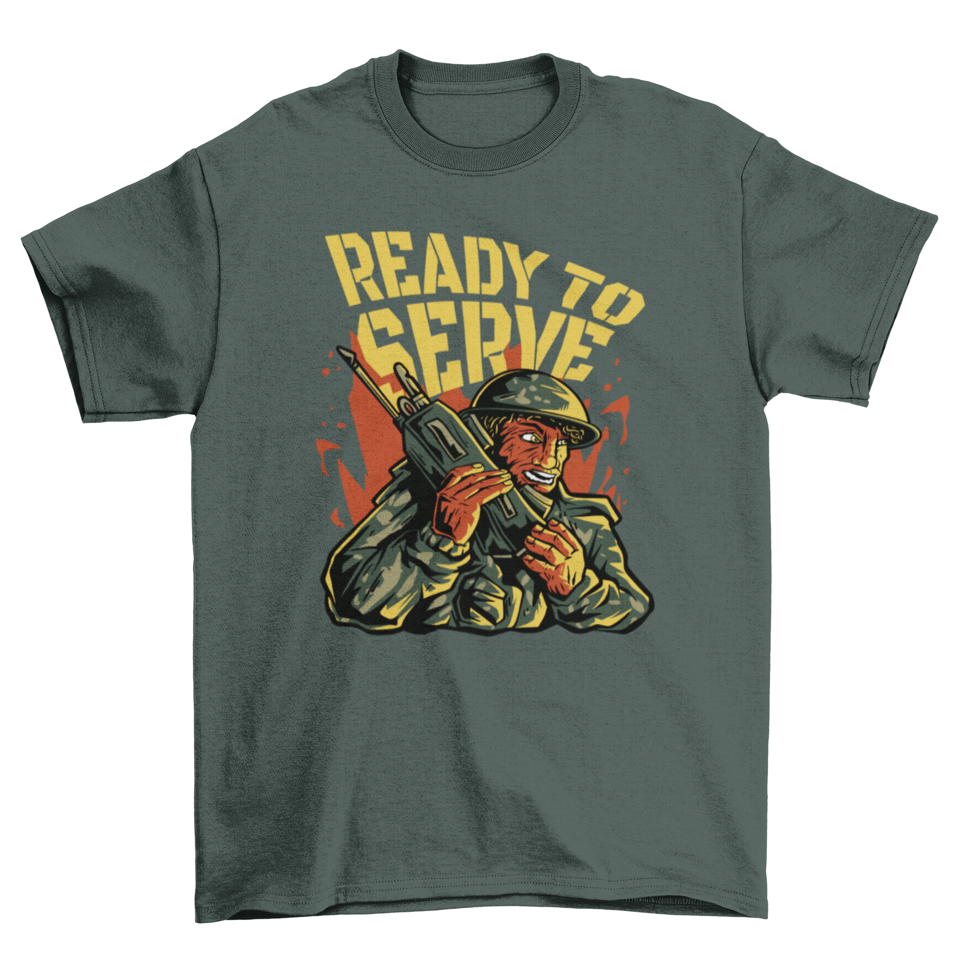 A stylish t-shirt featuring a soldier holding a giant phone with the quote 'Ready to serve', perfect for casual wear.