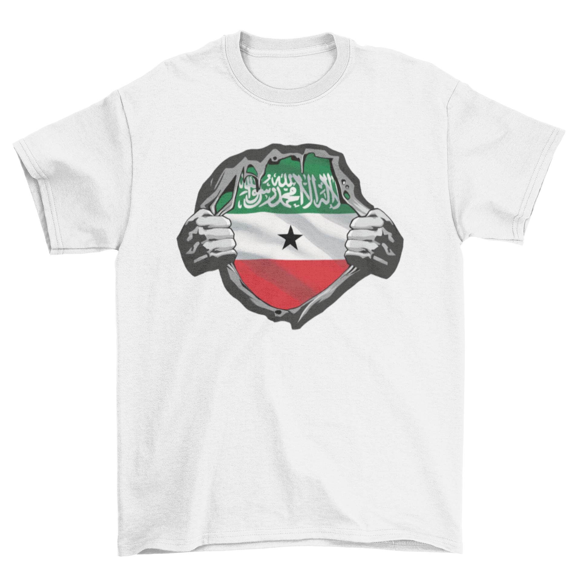 Somaliland Flag T-Shirt featuring hands ripping off the shirt to reveal the Somalia flag underneath, designed like a superhero costume.