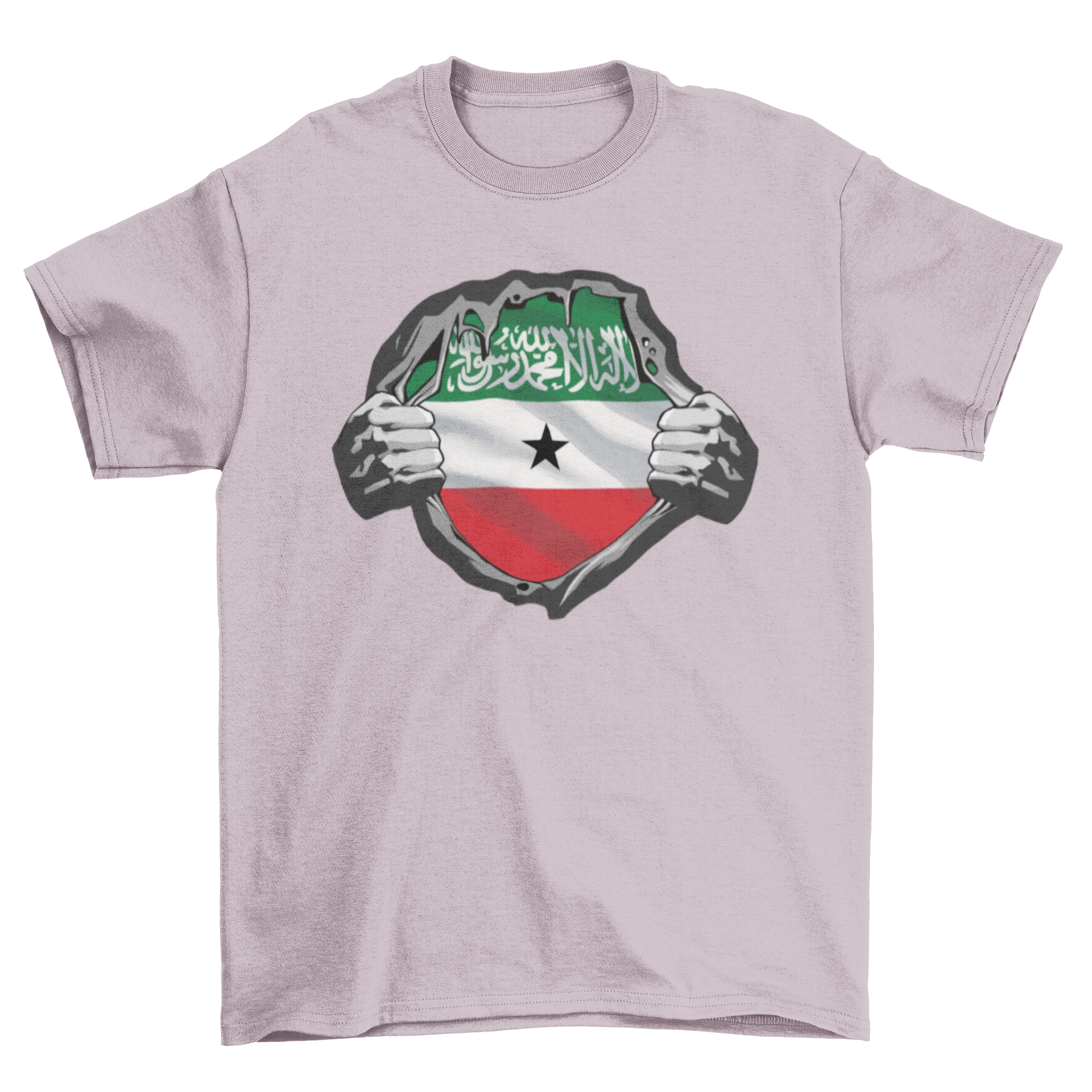 Somaliland Flag T-Shirt featuring hands ripping off the shirt to reveal the Somalia flag underneath, designed like a superhero costume.