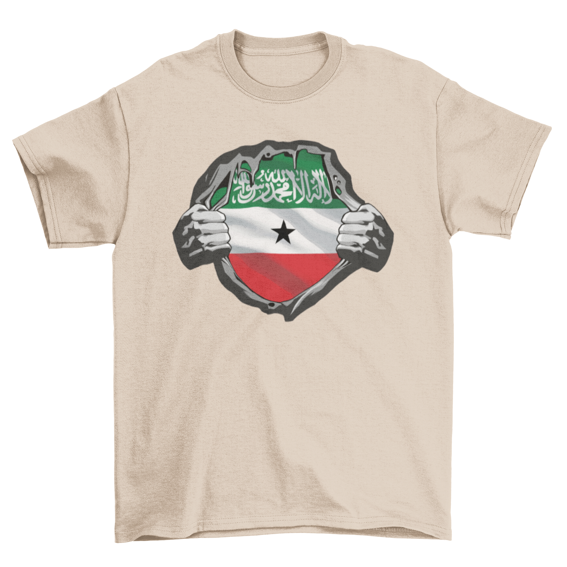 Somaliland Flag T-Shirt featuring hands ripping off the shirt to reveal the Somalia flag underneath, designed like a superhero costume.