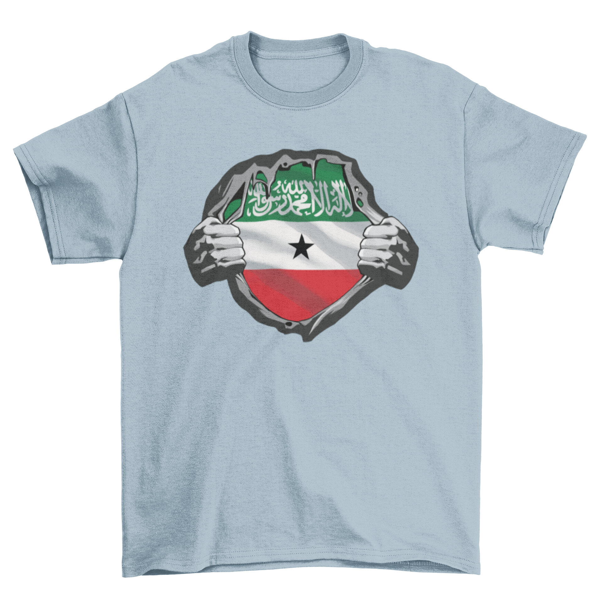 Somaliland Flag T-Shirt featuring hands ripping off the shirt to reveal the Somalia flag underneath, designed like a superhero costume.