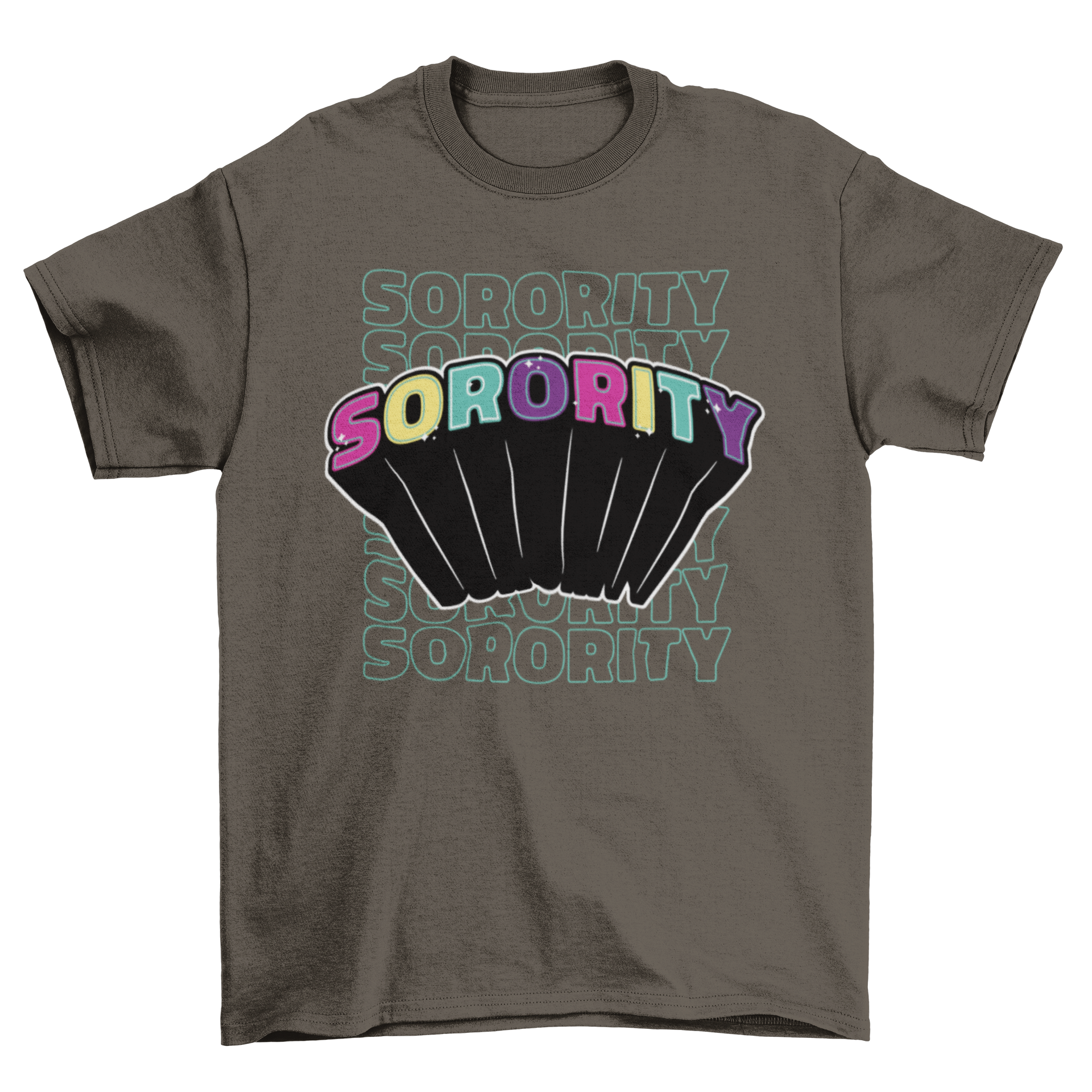 A vibrant feminist t-shirt featuring the word 'Sorority' in multiple colors, symbolizing empowerment and sisterhood.