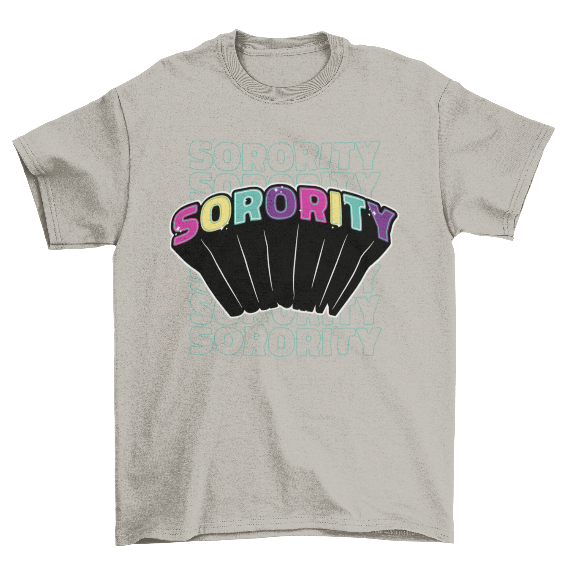 A vibrant feminist t-shirt featuring the word 'Sorority' in multiple colors, symbolizing empowerment and sisterhood.