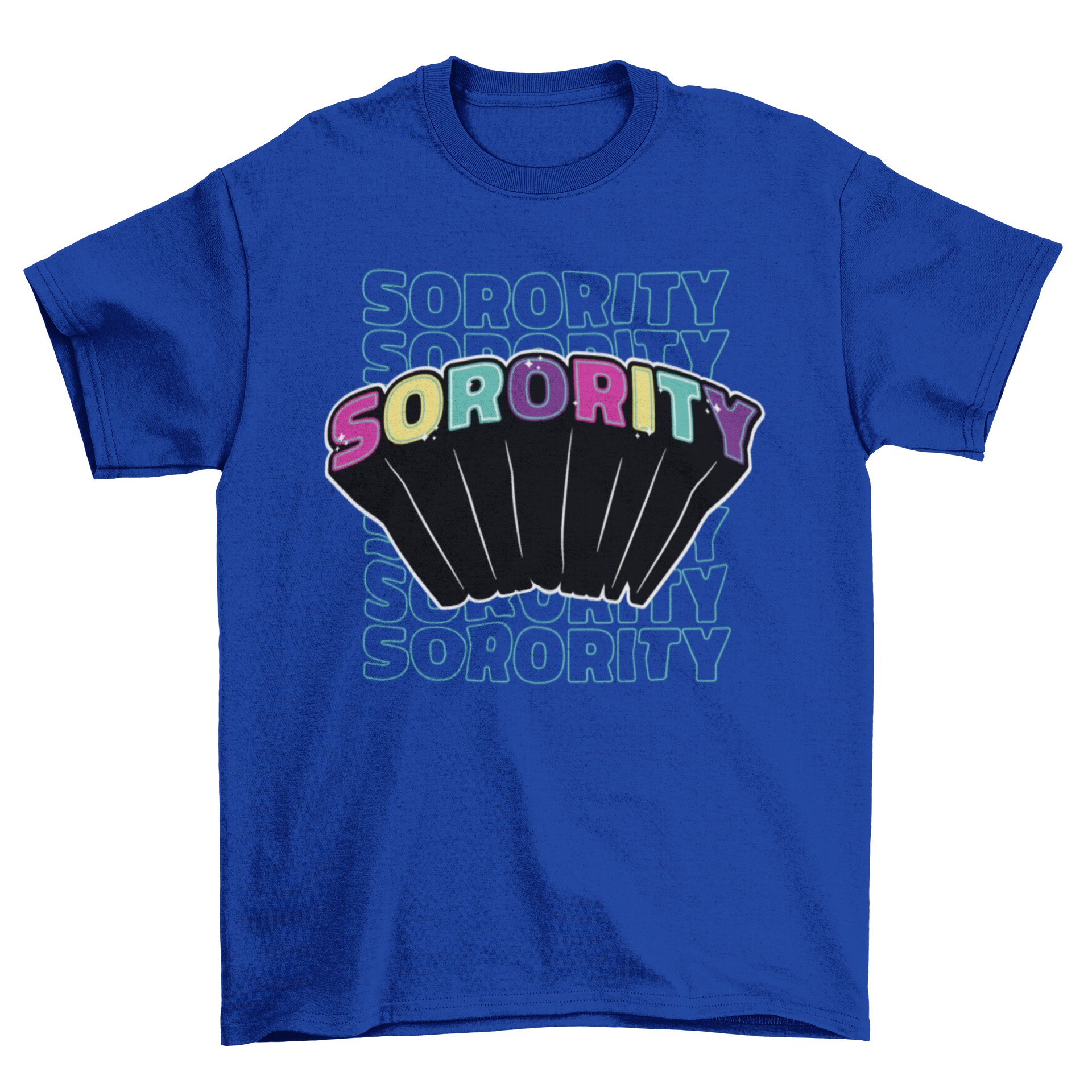 A vibrant feminist t-shirt featuring the word 'Sorority' in multiple colors, symbolizing empowerment and sisterhood.