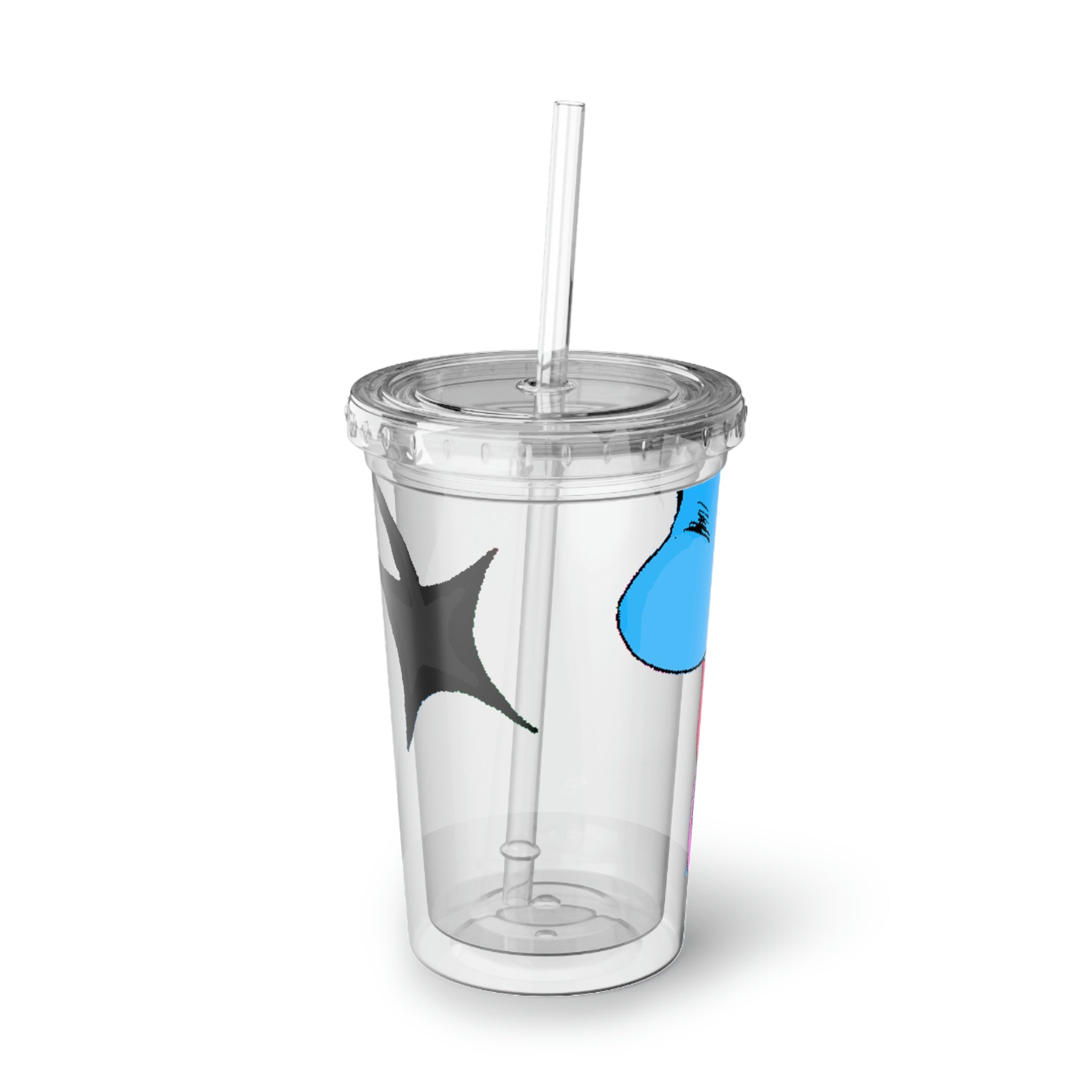 Spa Suave Acrylic Cup in stainless steel with a black screw-on cap and a plastic straw, showcasing a customizable design.