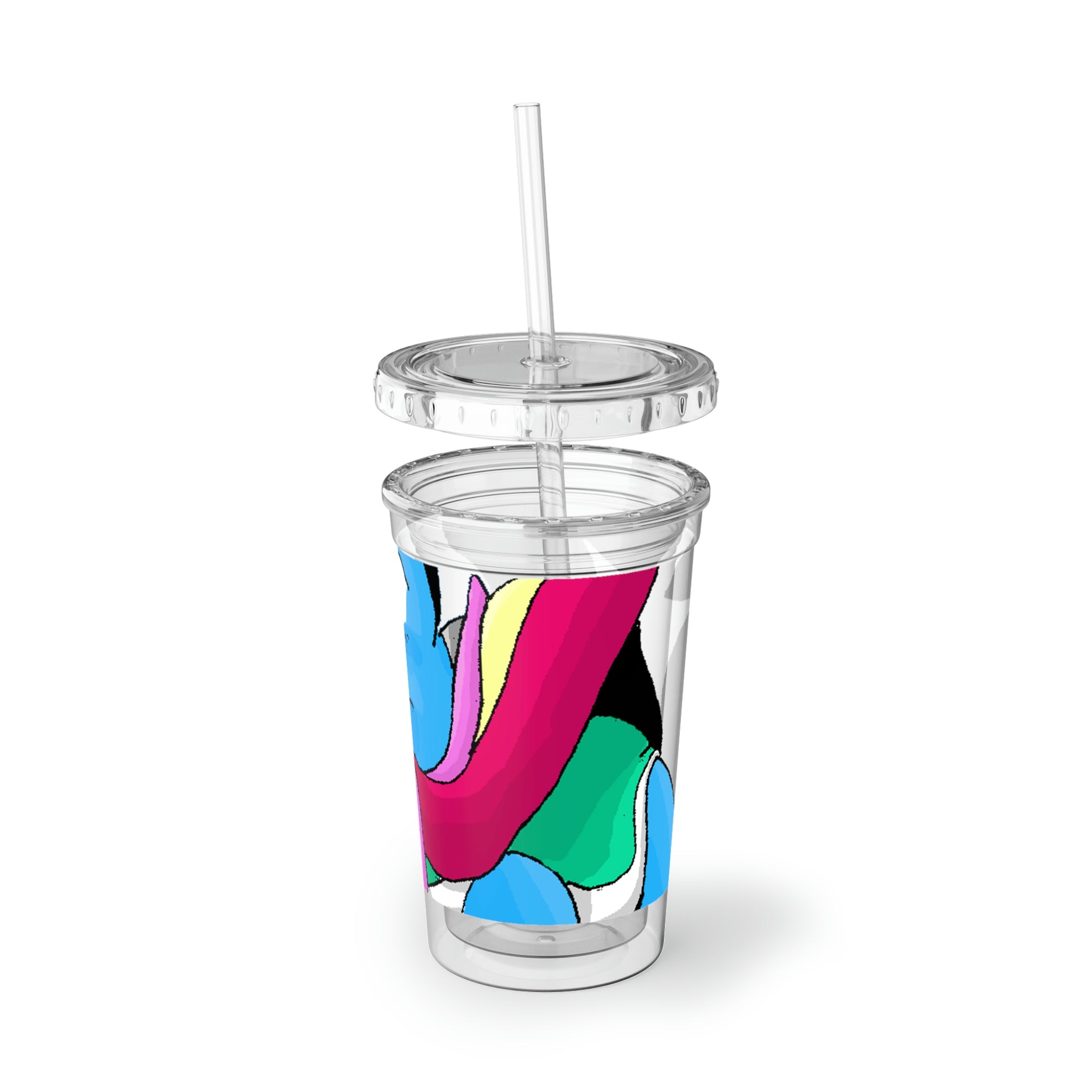 Spa Suave Acrylic Cup in stainless steel with a black screw-on cap and a plastic straw, showcasing a customizable design.