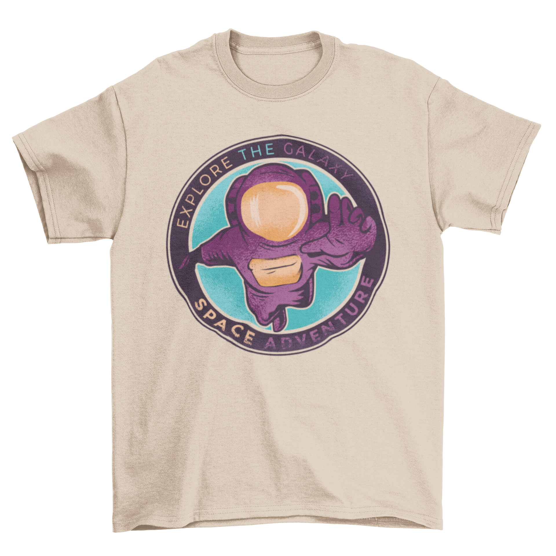 Space Adventure T-shirt design featuring an astronaut reaching out in a circle with a motivational caption.