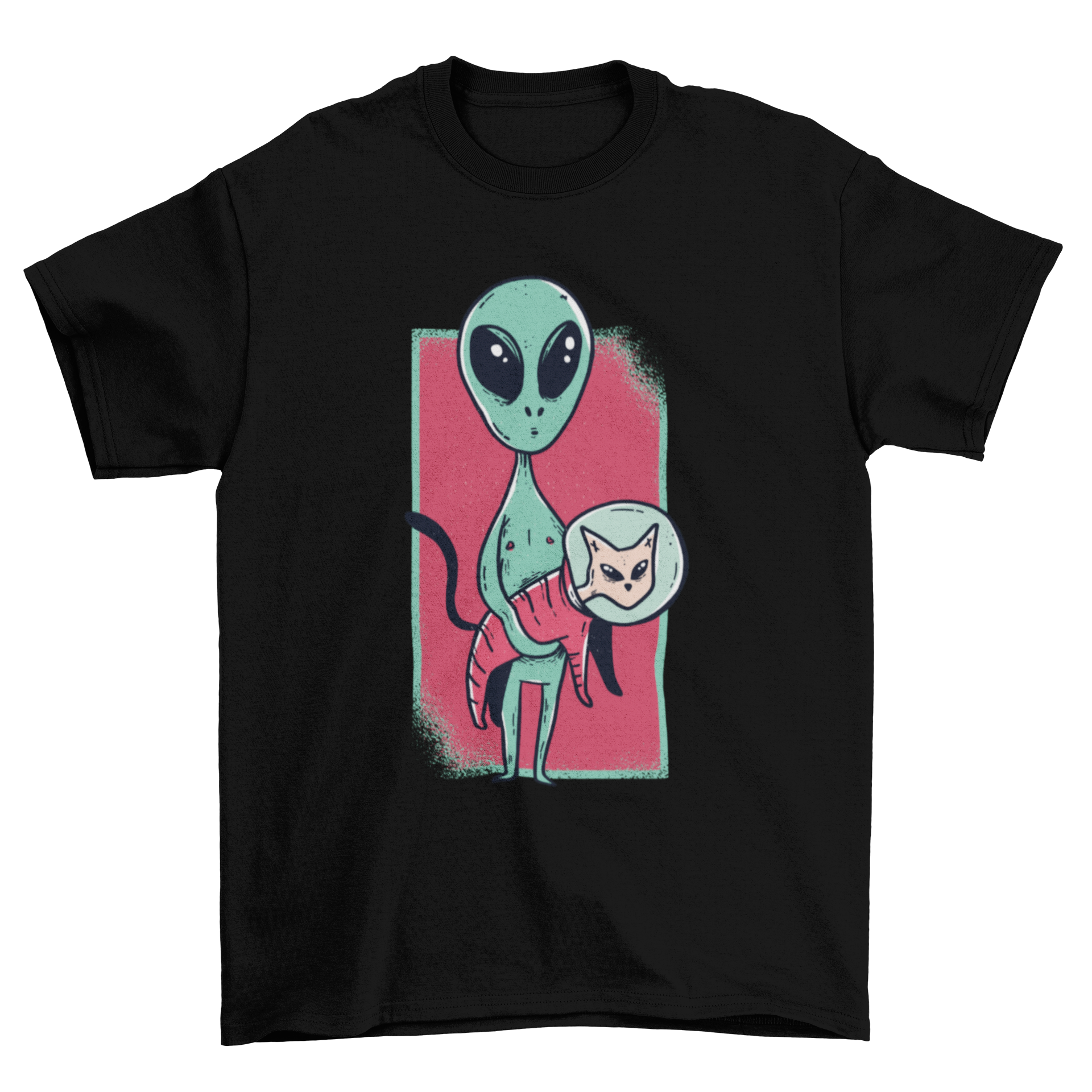 A graphic t-shirt featuring a cute astronaut alien with a pet cat in space, showcasing a fun and whimsical design.