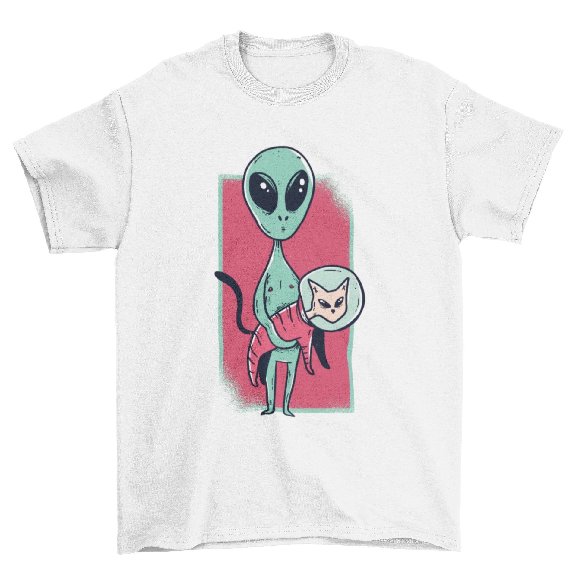 A graphic t-shirt featuring a cute astronaut alien with a pet cat in space, showcasing a fun and whimsical design.