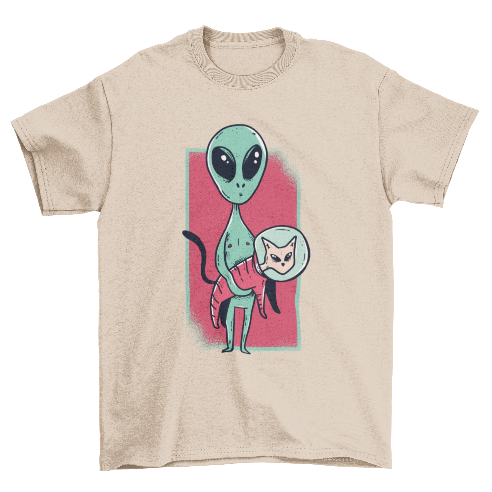 A graphic t-shirt featuring a cute astronaut alien with a pet cat in space, showcasing a fun and whimsical design.