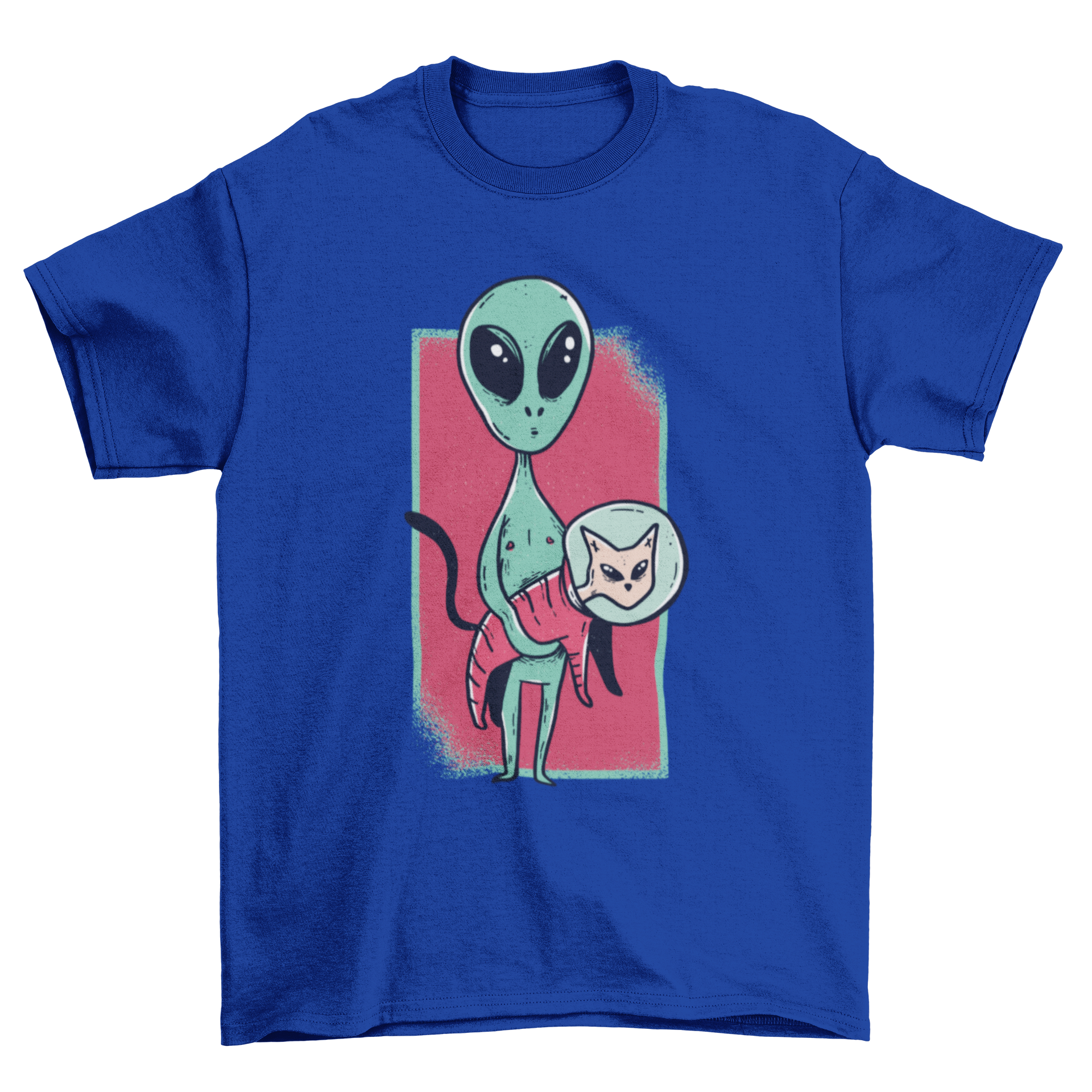 A graphic t-shirt featuring a cute astronaut alien with a pet cat in space, showcasing a fun and whimsical design.