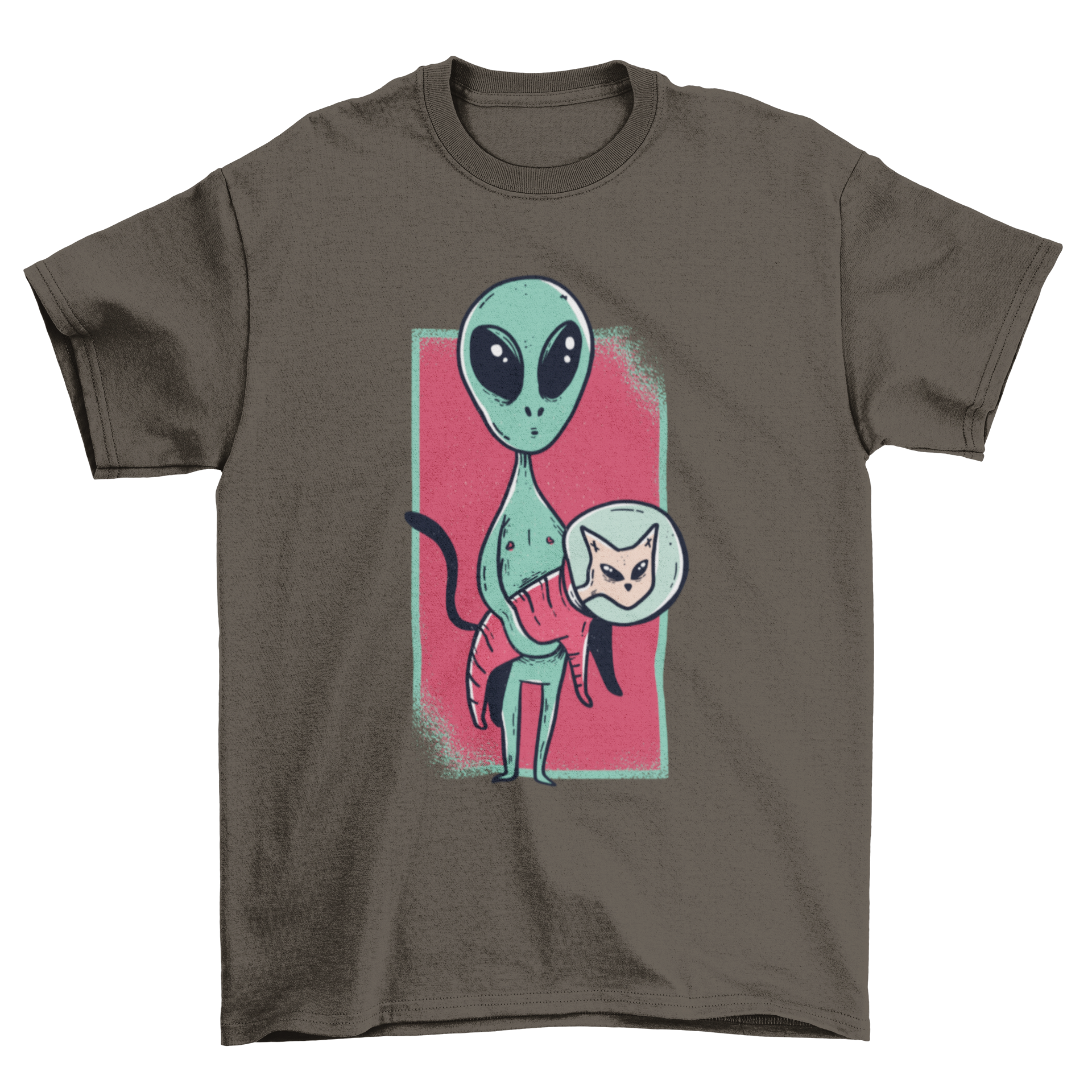 A graphic t-shirt featuring a cute astronaut alien with a pet cat in space, showcasing a fun and whimsical design.