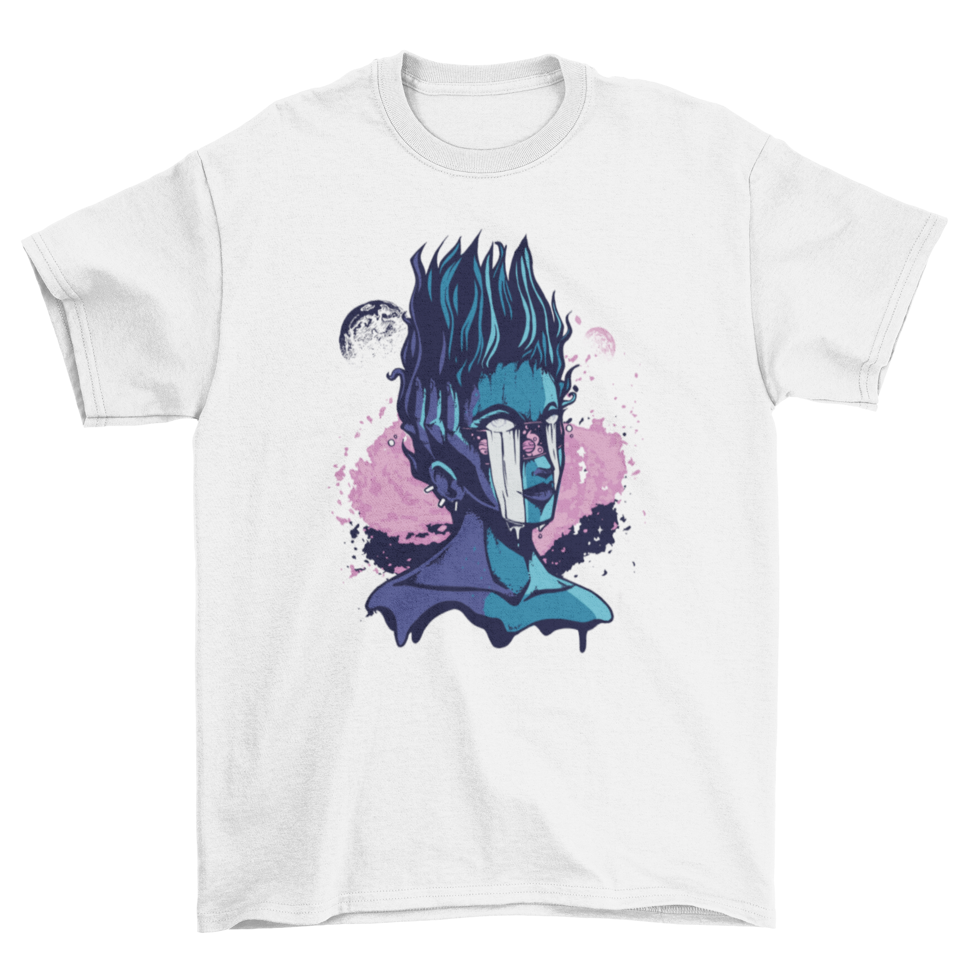 A stylish T-shirt featuring a whimsical alien girl design with white eyes and stand-up hair, perfect for casual wear.