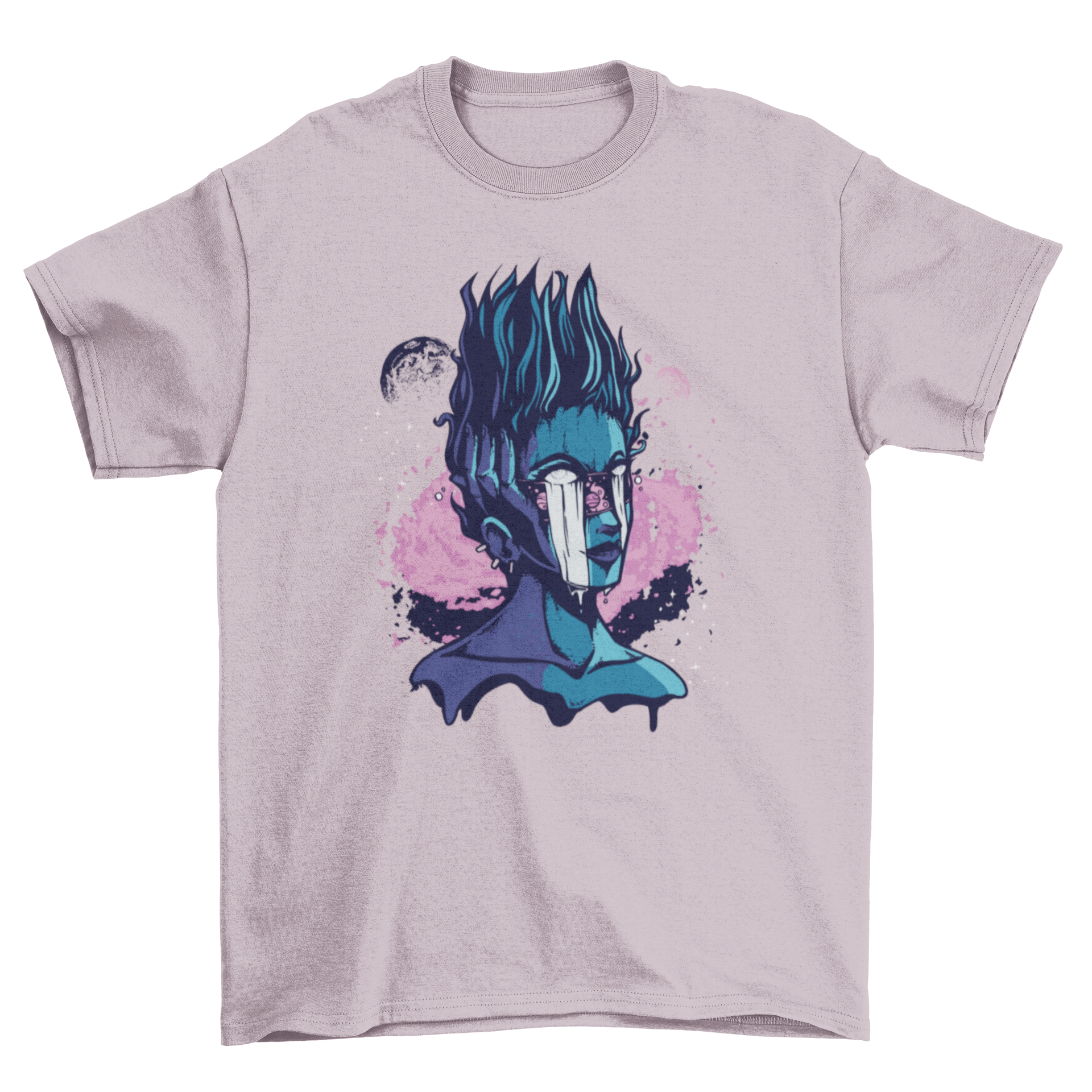 A stylish T-shirt featuring a whimsical alien girl design with white eyes and stand-up hair, perfect for casual wear.