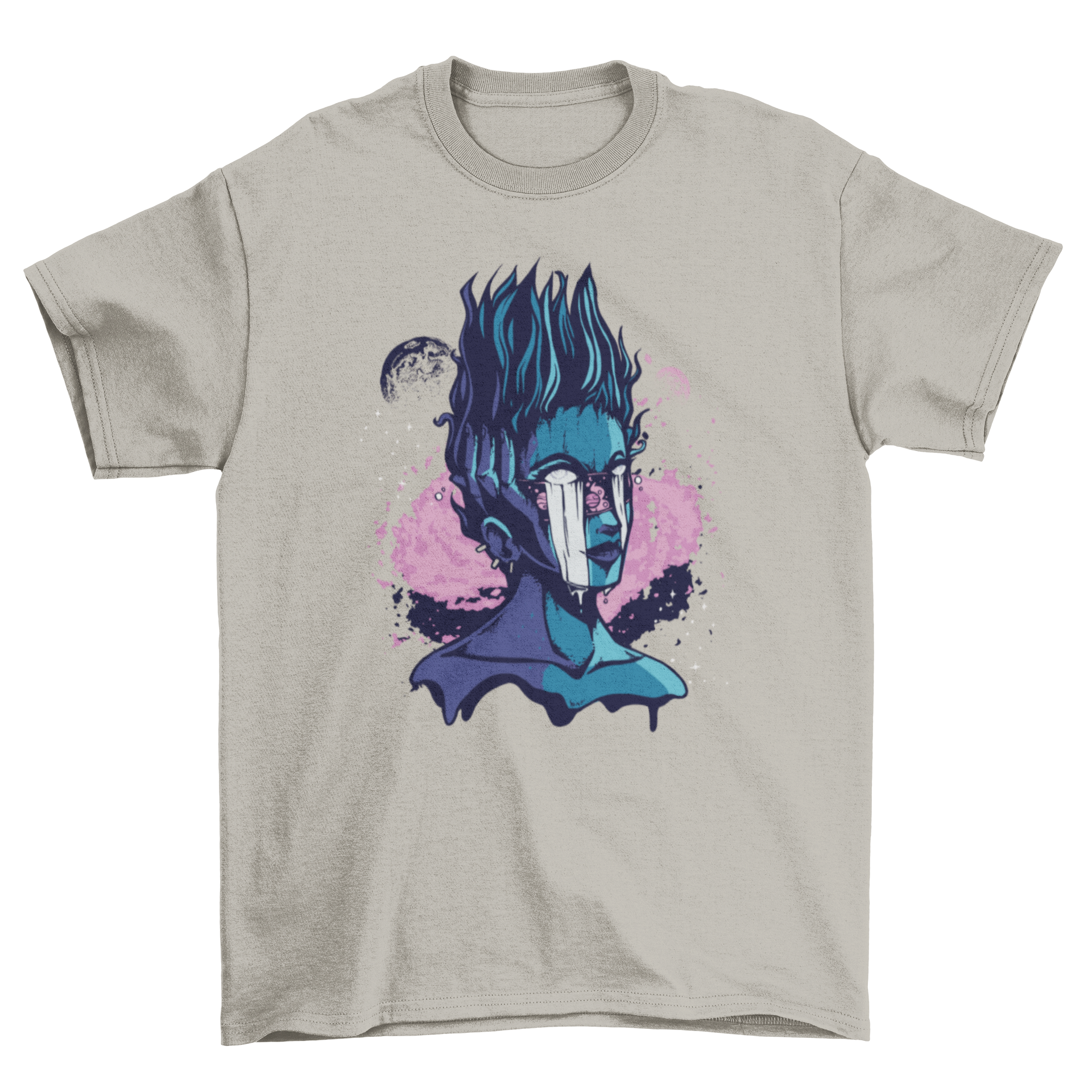 A stylish T-shirt featuring a whimsical alien girl design with white eyes and stand-up hair, perfect for casual wear.