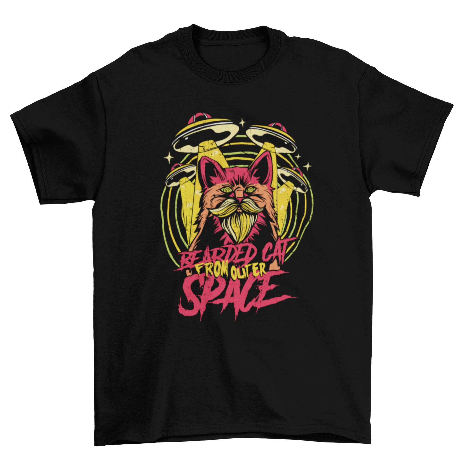 A colorful t-shirt featuring a bearded cat with UFOs in the background and the quote 'Bearded cat from outer space'.