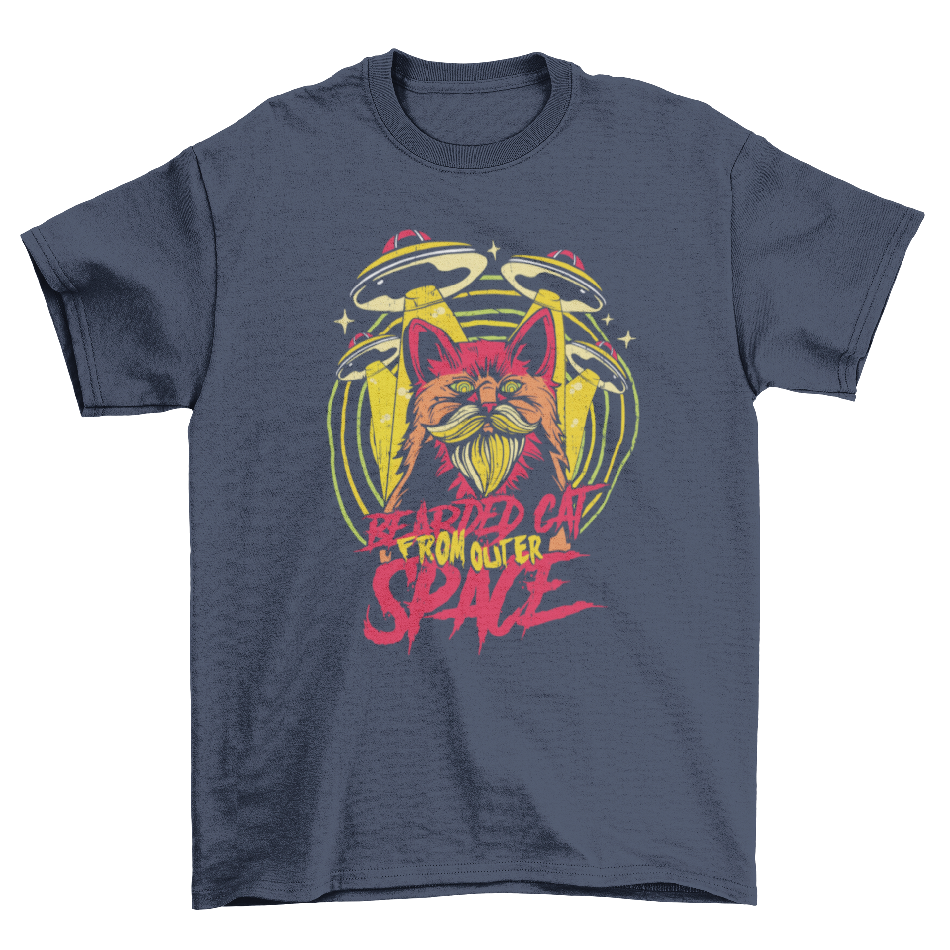 A colorful t-shirt featuring a bearded cat with UFOs in the background and the quote 'Bearded cat from outer space'.