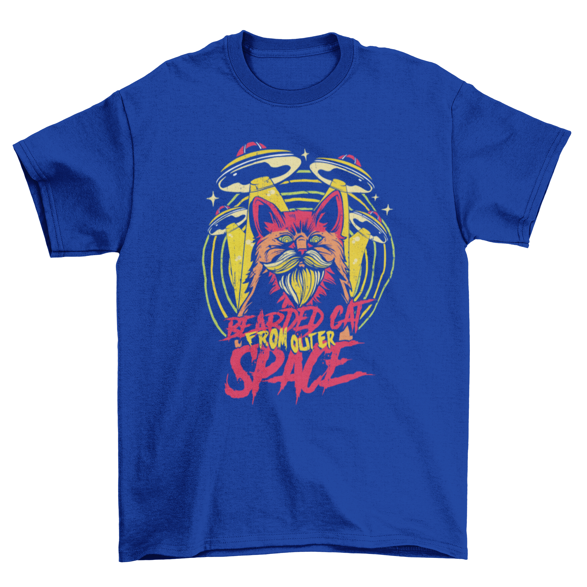 A colorful t-shirt featuring a bearded cat with UFOs in the background and the quote 'Bearded cat from outer space'.