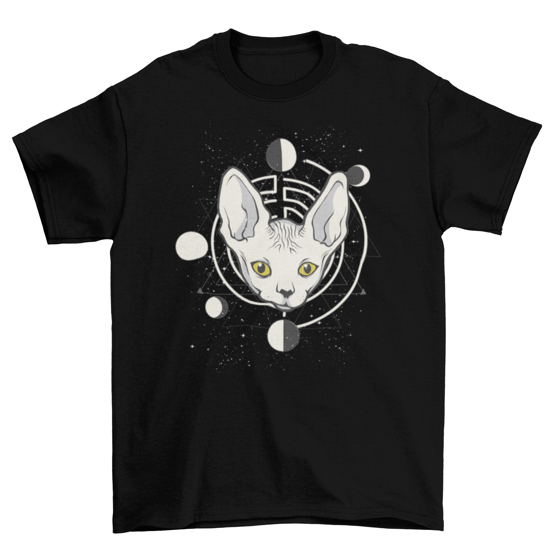 A stylish Space Cat T-shirt featuring a colorful illustration of a cat's head surrounded by planets in a cosmic setting.