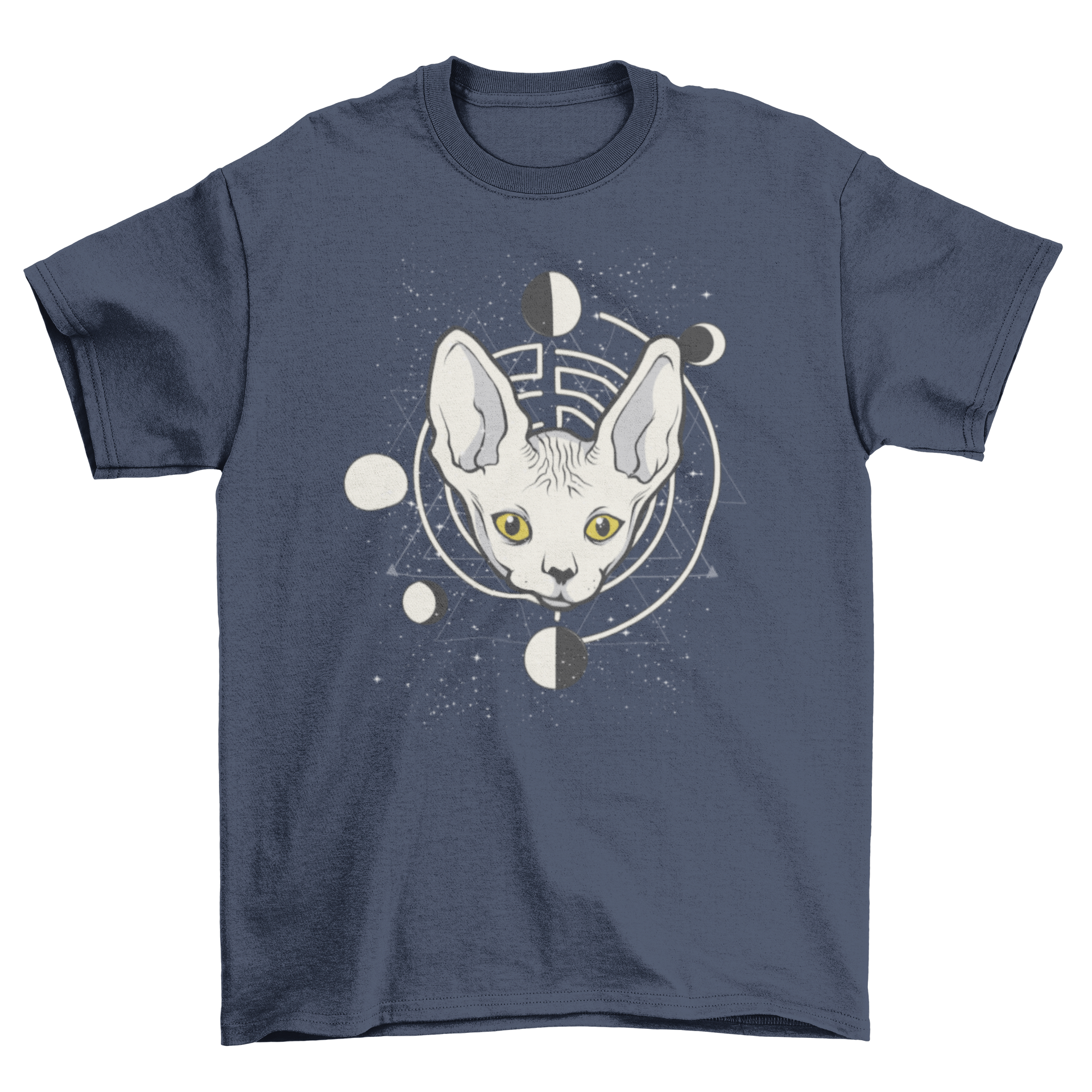 A stylish Space Cat T-shirt featuring a colorful illustration of a cat's head surrounded by planets in a cosmic setting.