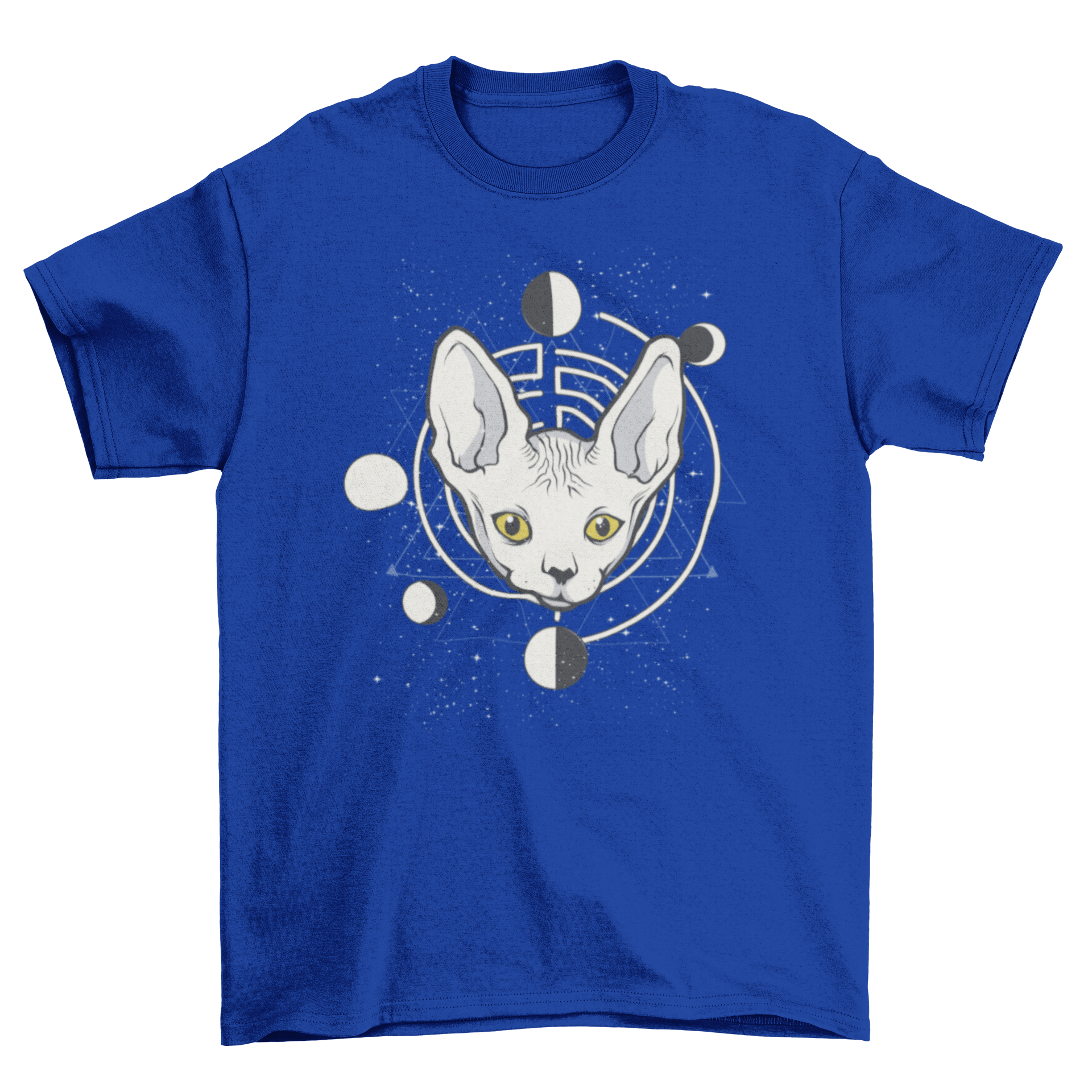 A stylish Space Cat T-shirt featuring a colorful illustration of a cat's head surrounded by planets in a cosmic setting.