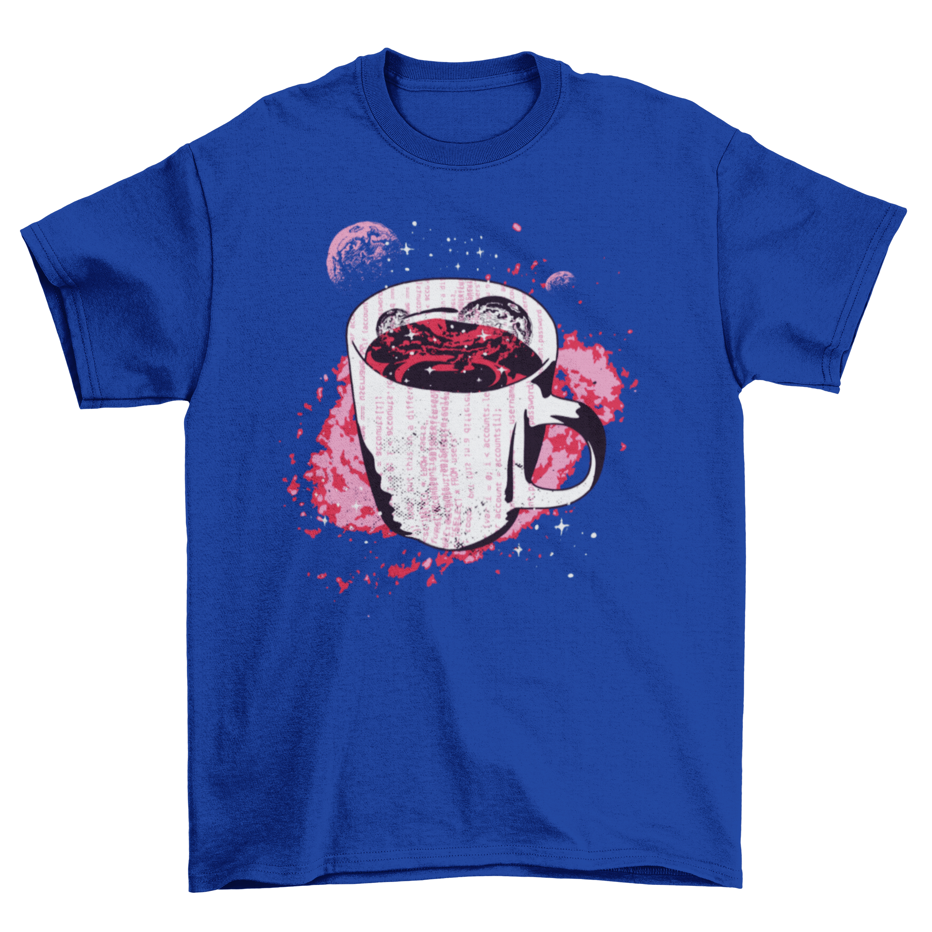 A stylish Space Coffee T-Shirt featuring a coffee cup illustration over a galaxy background with digital code elements.